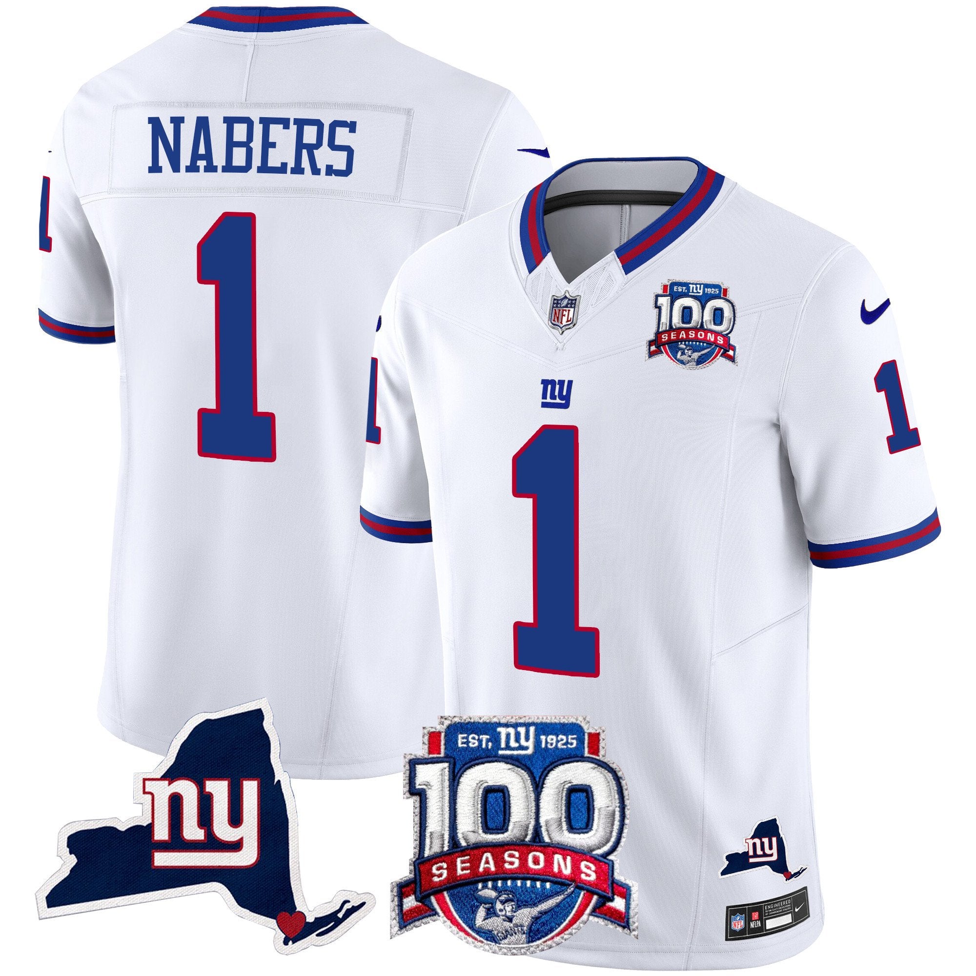 Men's New York Giants 100th Season & State Patch Vapor Limited Jersey - All Stitched - White, Malik Nabers