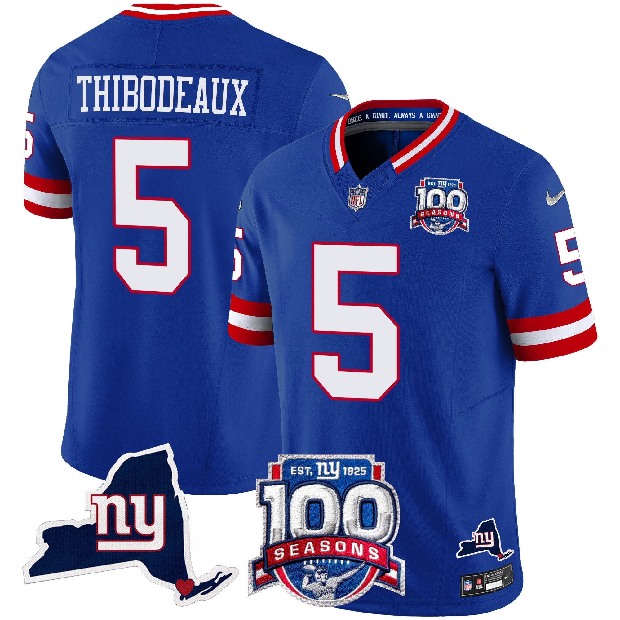 Men's New York Giants 100th Season & State Patch Vapor Limited Jersey - All Stitched - Royal, Kayvon Thibodeaux