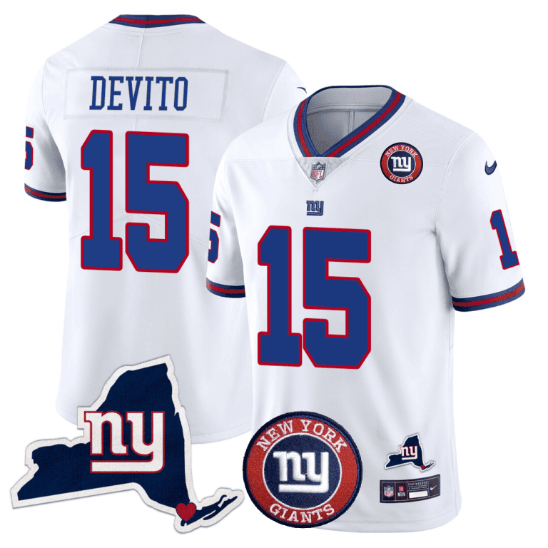 Men's New York Giants New York State & Logo Patch Limited Jersey - All Stitched - White, Tommy DeVito