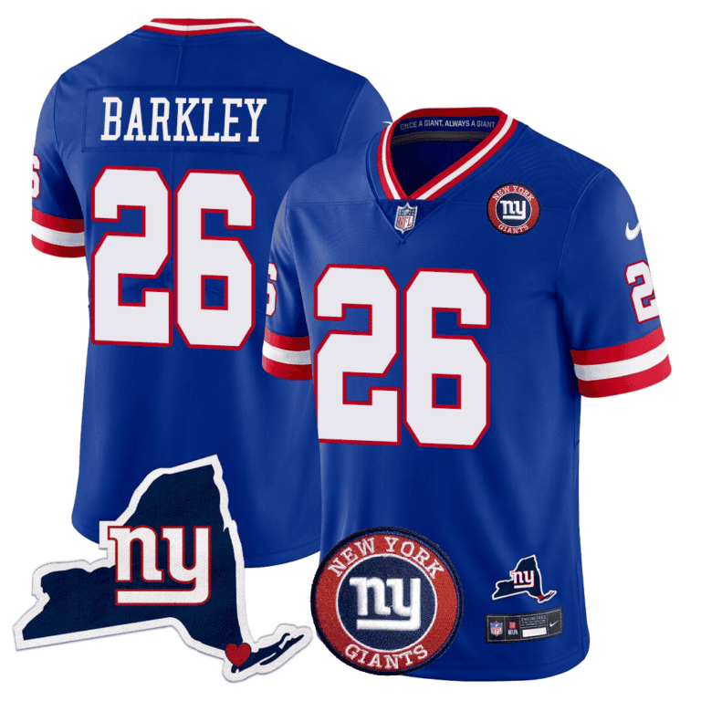 Men's New York Giants New York State & Logo Patch Limited Jersey - All Stitched - Royal, Saquon Barkley