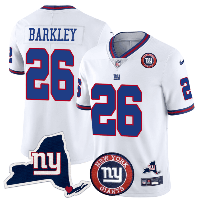 Men's New York Giants New York State & Logo Patch Limited Jersey - All Stitched - White, Saquon Barkley