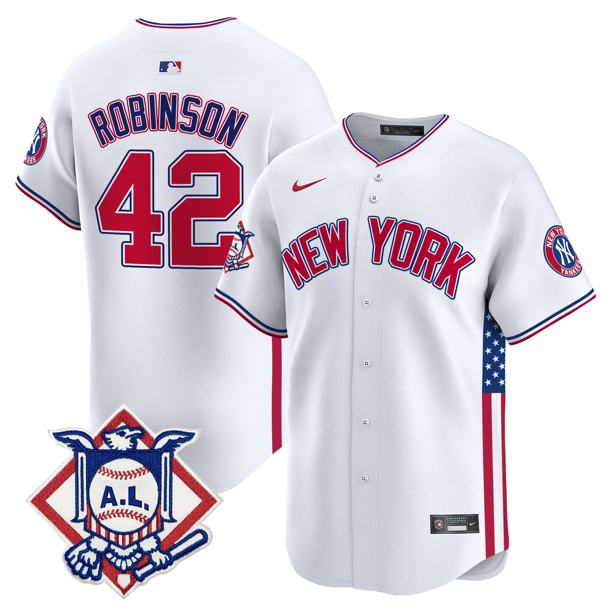 Men's New York Yankees 2024 Fourth of July Vapor Premier Limited Jersey V8 - All Stitched - White, Jackie Robinson