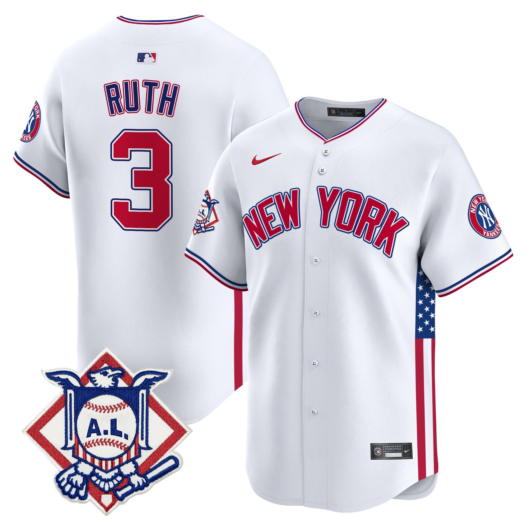 Men's New York Yankees 2024 Fourth of July Vapor Premier Limited Jersey V8 - All Stitched - White, Babe Ruth
