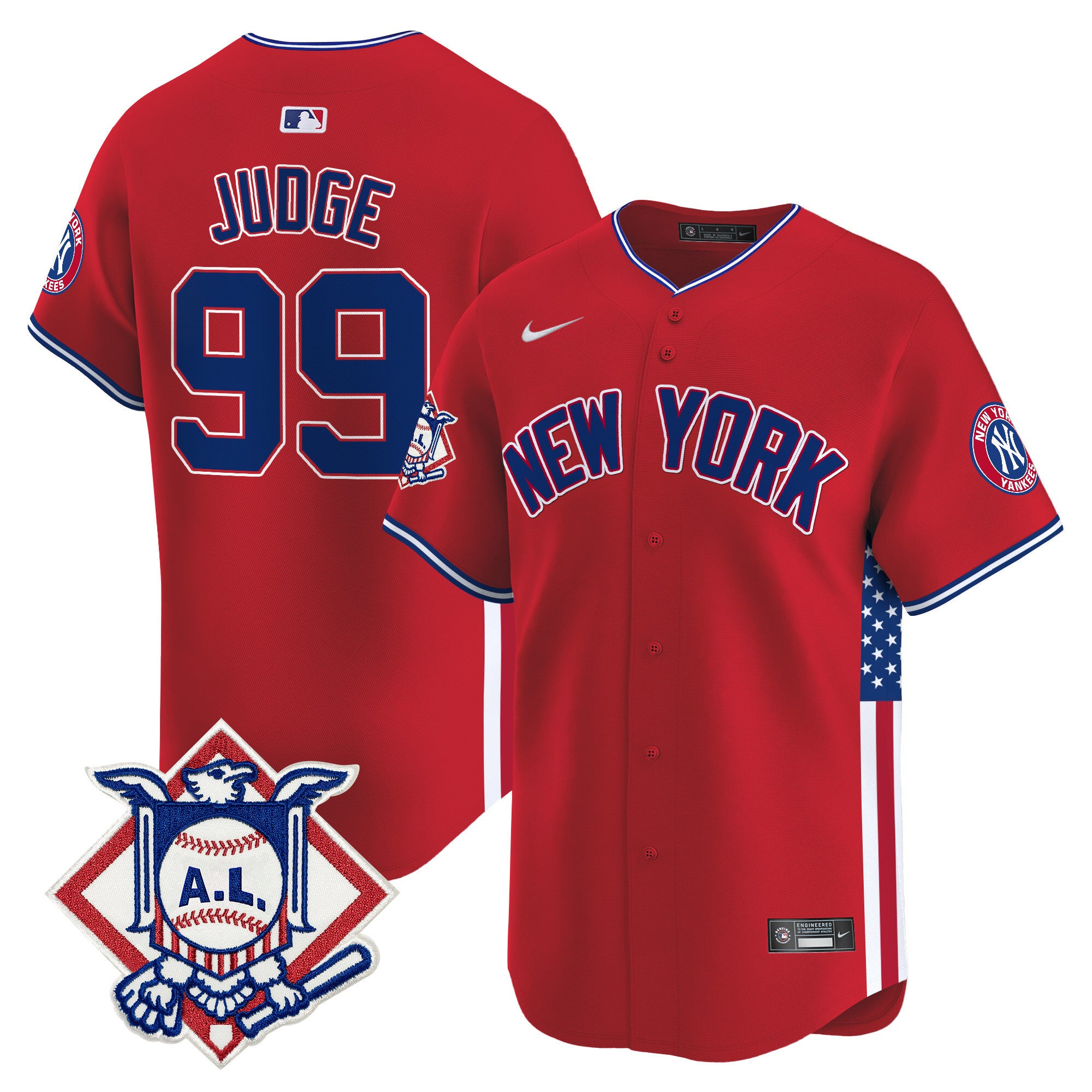 Men's New York Yankees 2024 Fourth of July Vapor Premier Limited Jersey V8 - All Stitched - Red, Aaron Judge