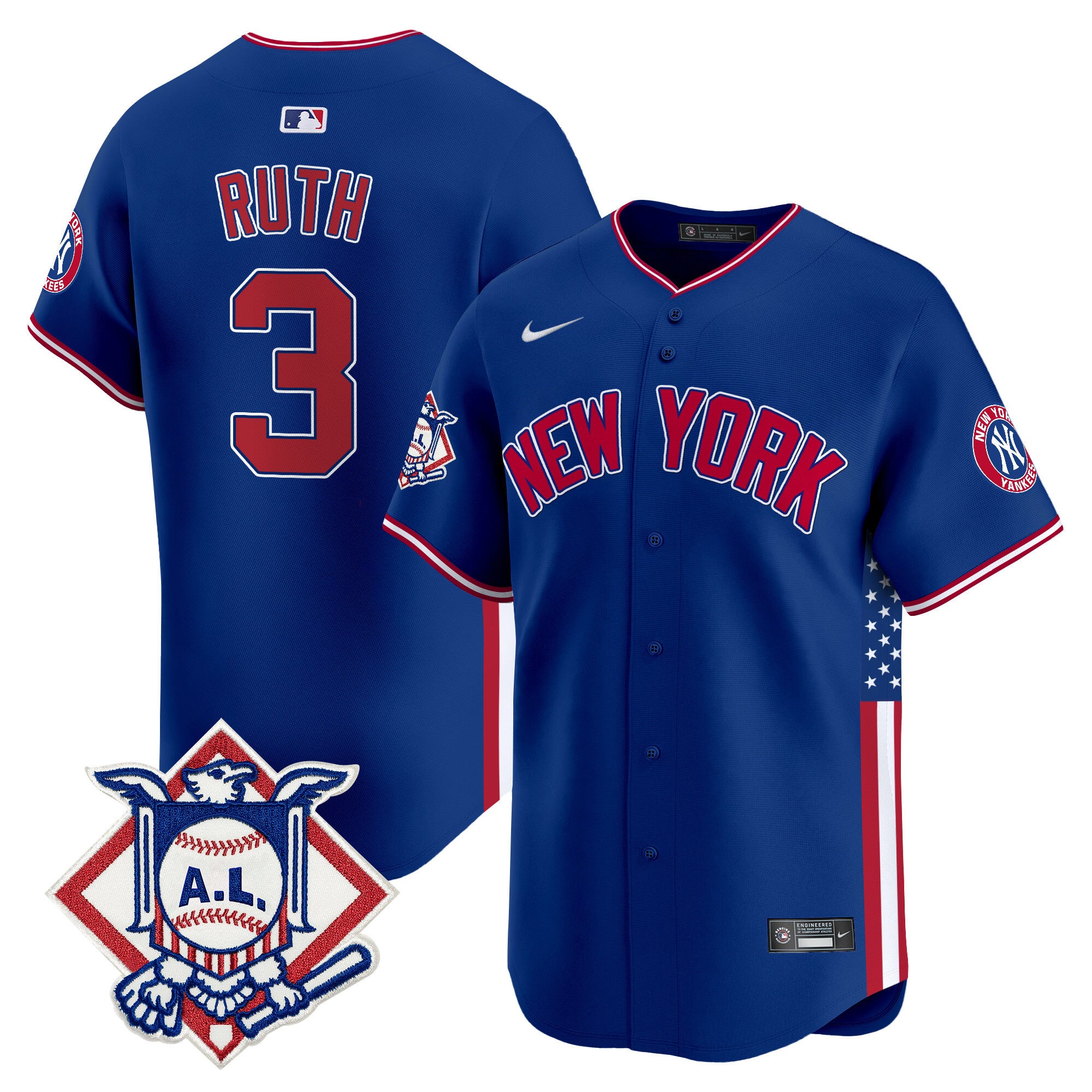 Men's New York Yankees 2024 Fourth of July Vapor Premier Limited Jersey V8 - All Stitched - Royal, Babe Ruth