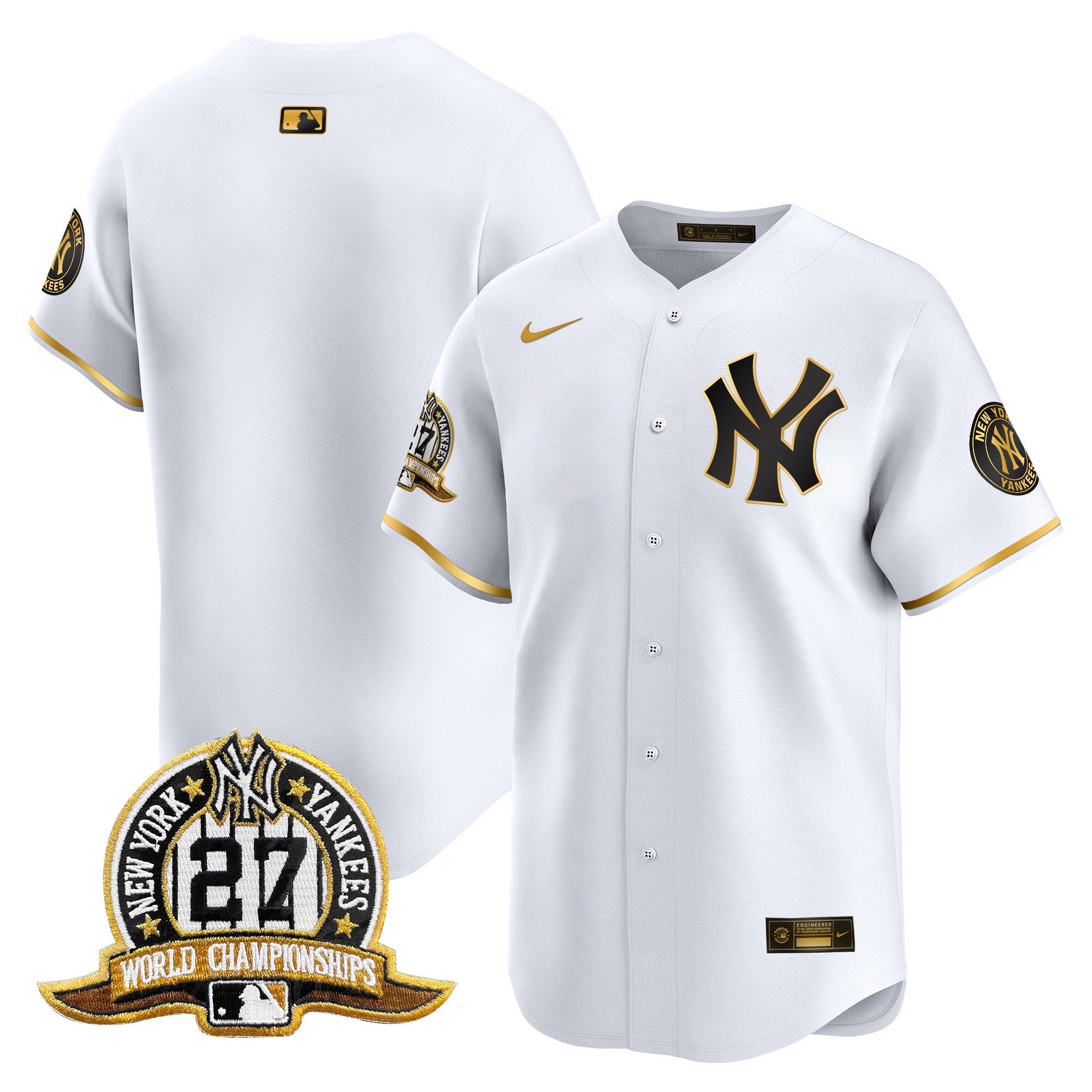 Men's New York Yankees 27 Time Champions Patch Vapor Premier Limited Jersey - All Stitched - White Gold, Team