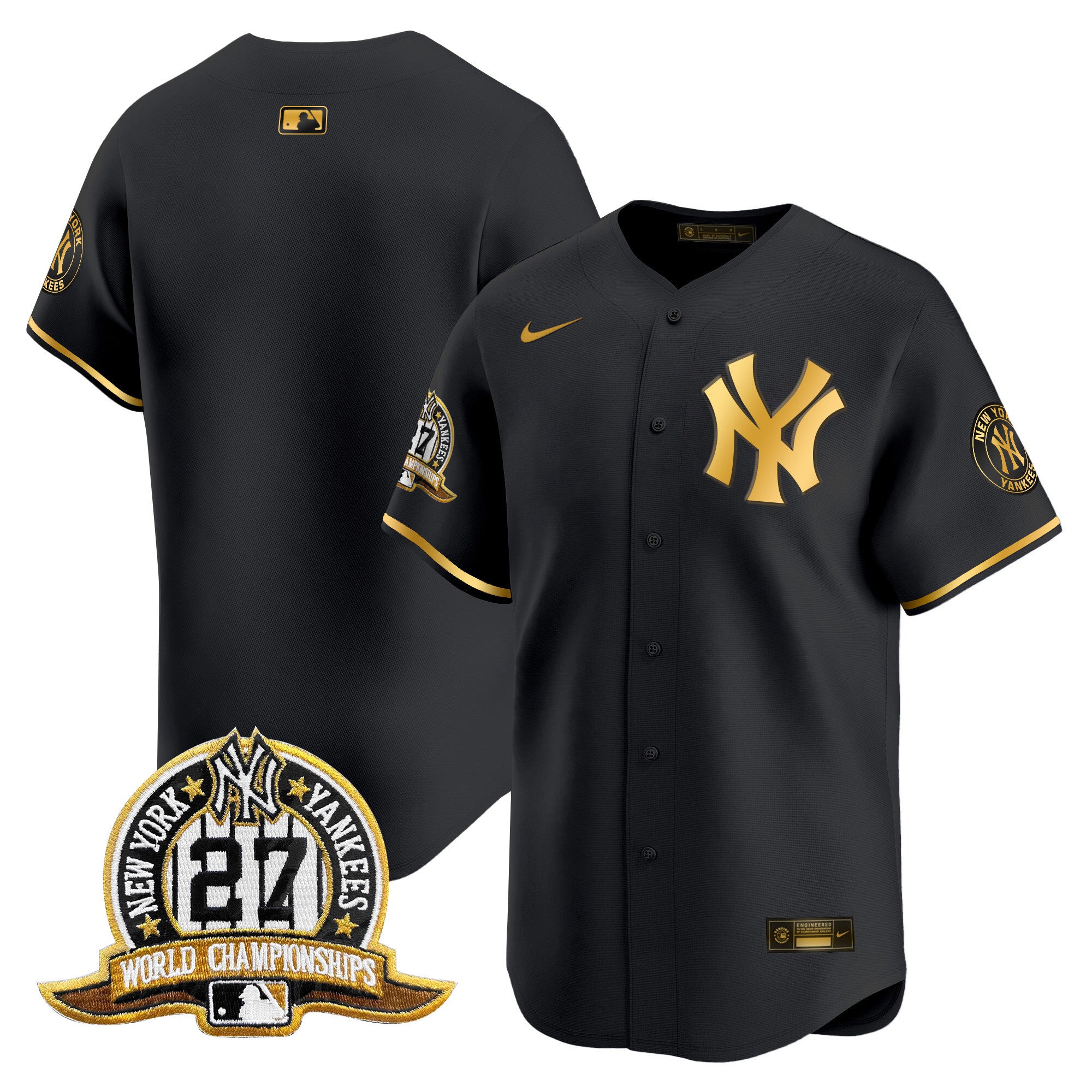 Men's New York Yankees 27 Time Champions Patch Vapor Premier Limited Jersey - All Stitched - Black Gold, Team