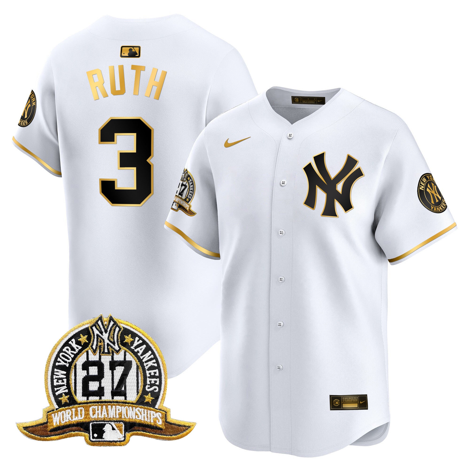 Men's New York Yankees 27 Time Champions Patch Vapor Premier Limited Jersey - All Stitched - White Gold, Babe Ruth