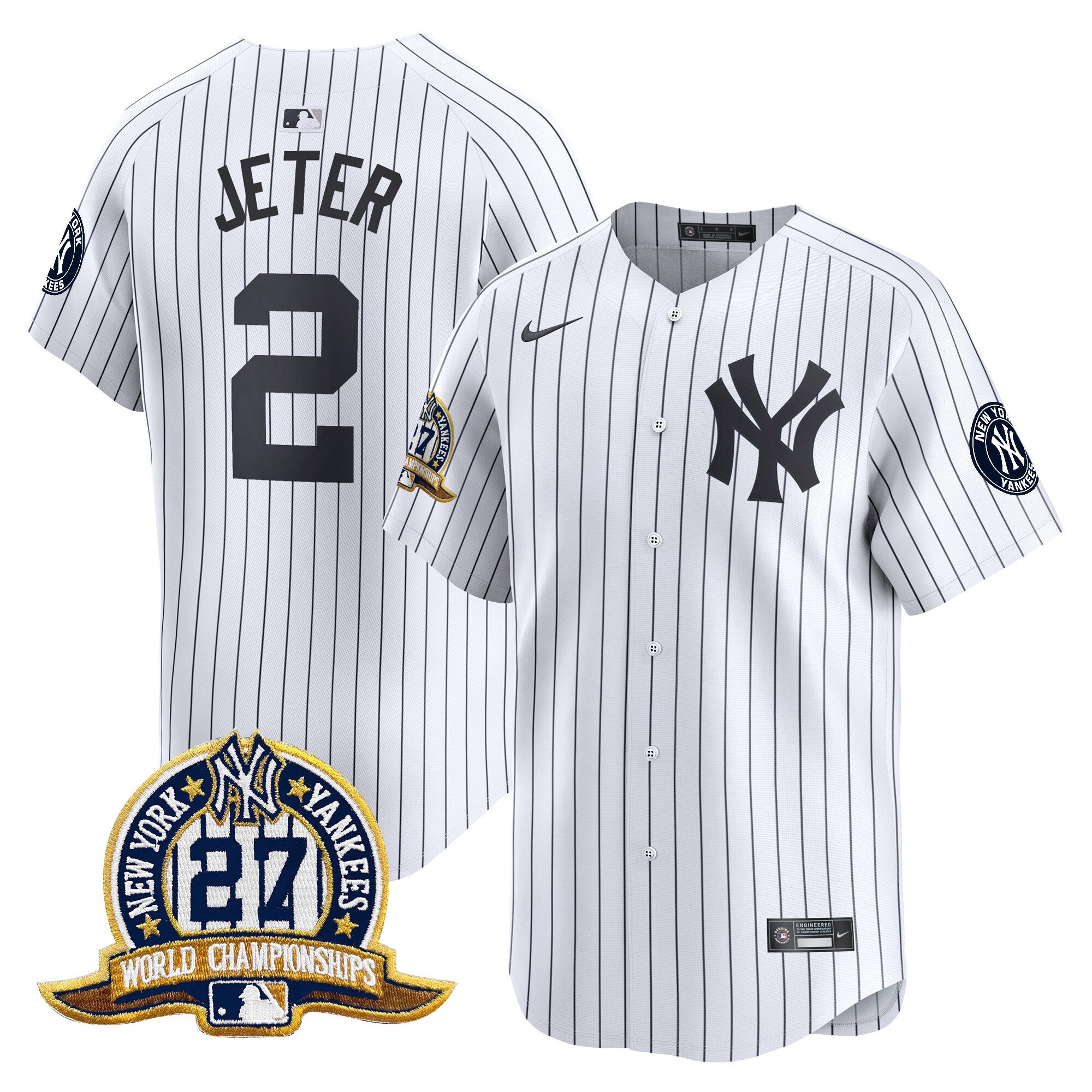 Men's New York Yankees 27 Time Champions Patch Vapor Premier Limited Jersey - All Stitched - White, Derek Jeter