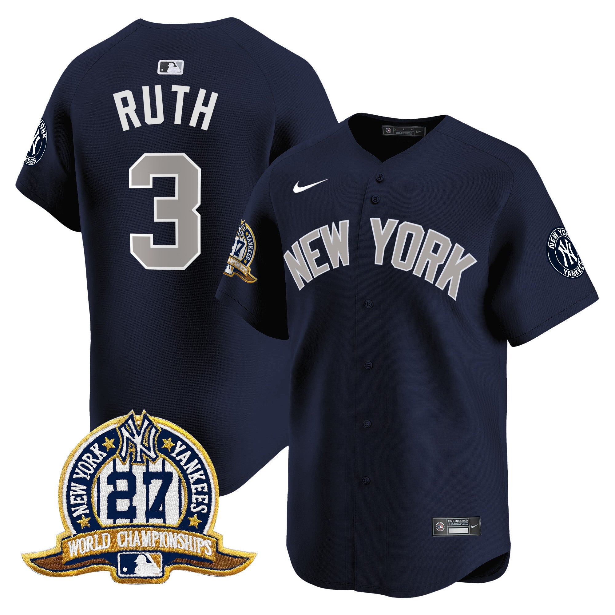 Men's New York Yankees 27 Time Champions Patch Vapor Premier Limited Jersey - All Stitched - Alternate, Babe Ruth