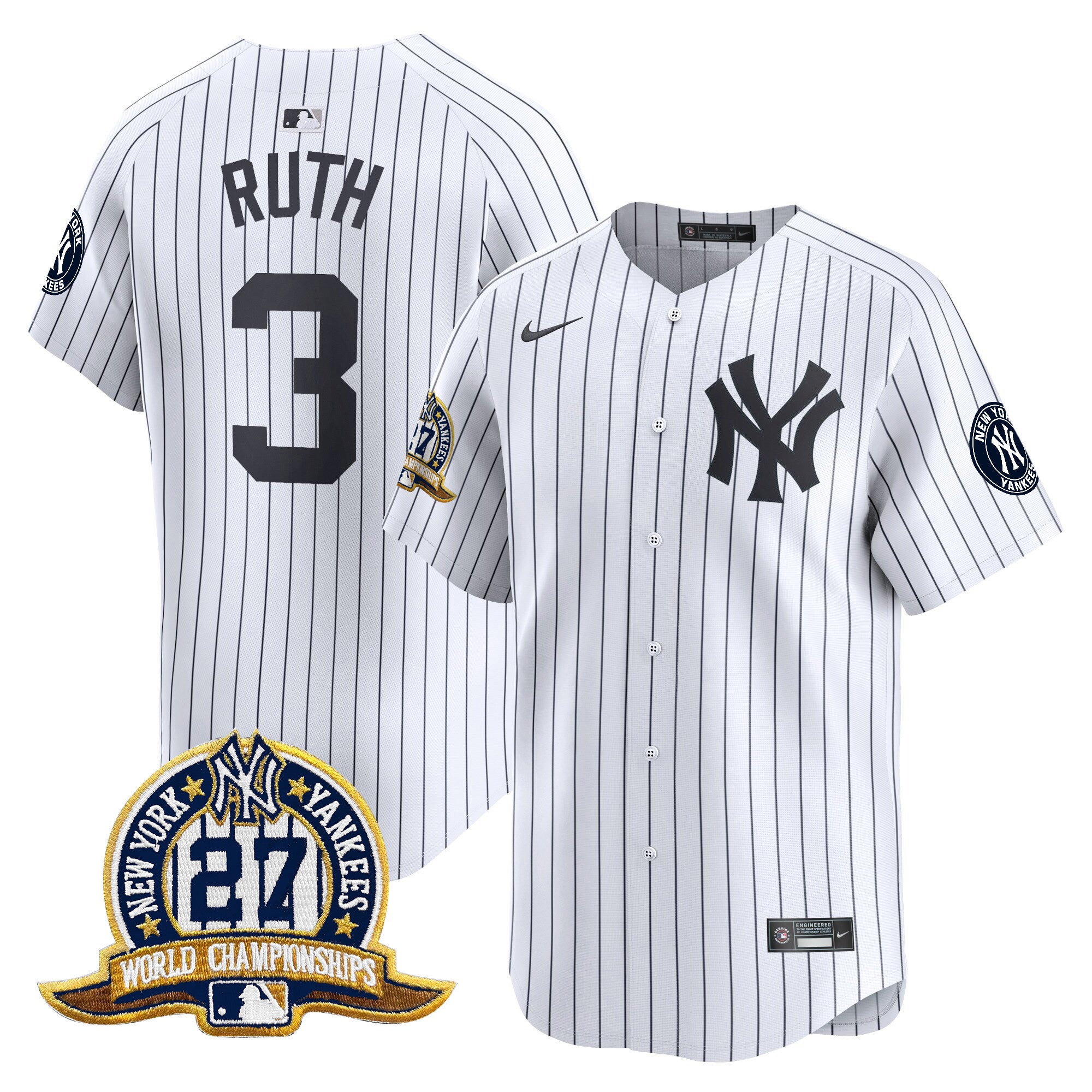 Men's New York Yankees 27 Time Champions Patch Vapor Premier Limited Jersey - All Stitched - White, Babe Ruth
