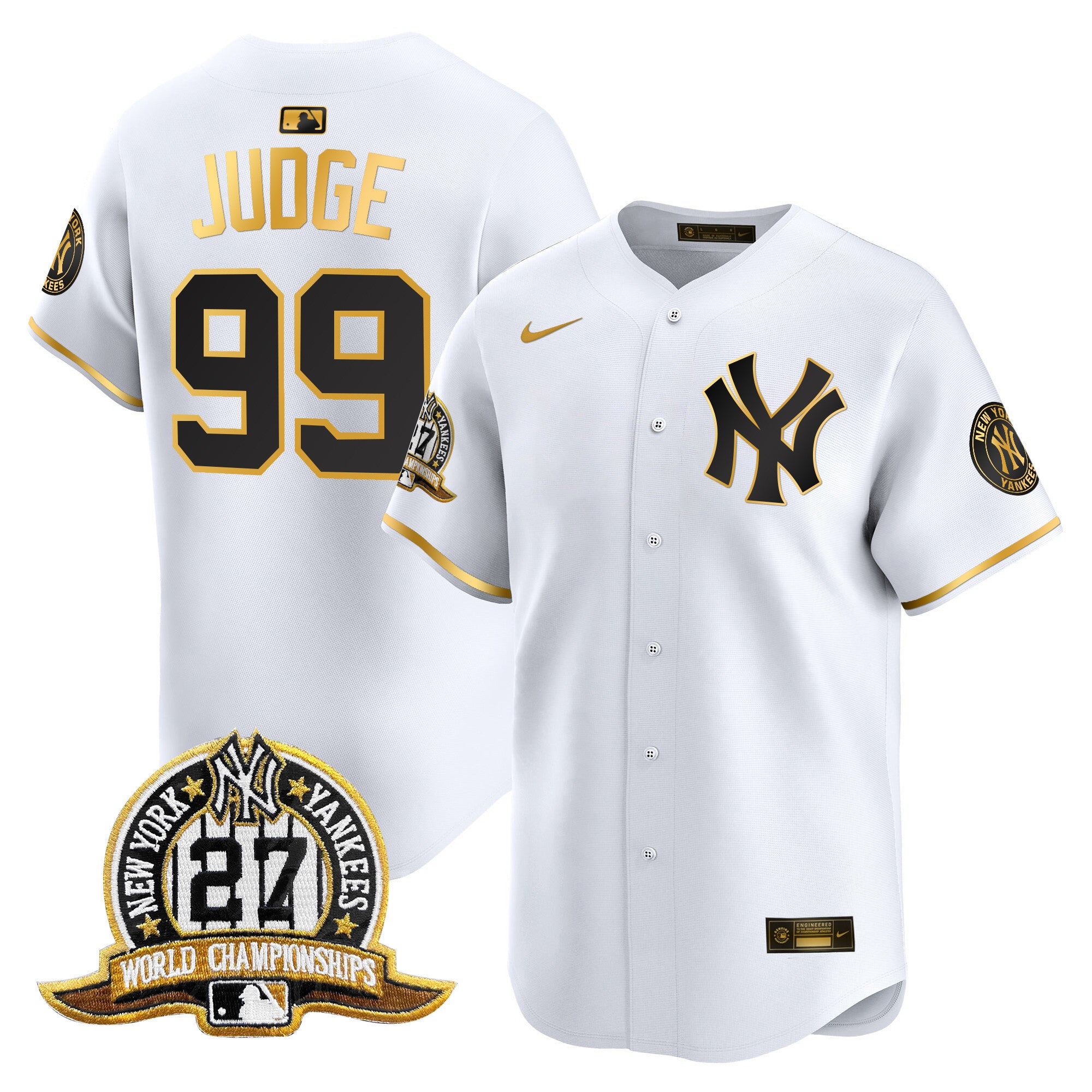 Men's New York Yankees 27 Time Champions Patch Vapor Premier Limited Jersey - All Stitched - White Gold, Aaron Judge