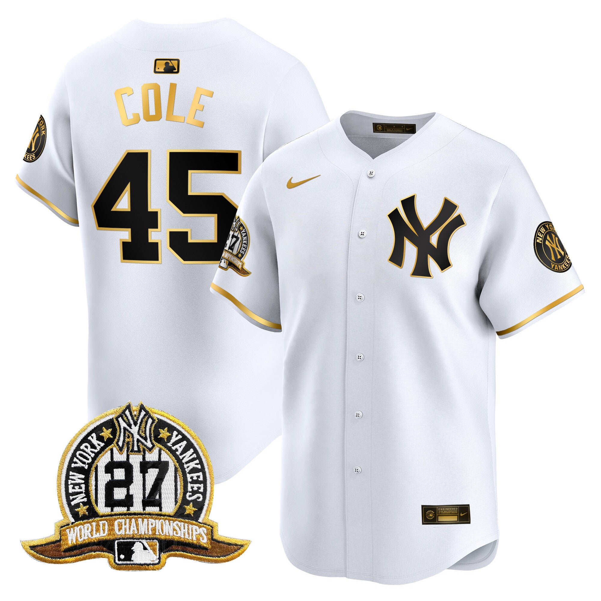Men's New York Yankees 27 Time Champions Patch Vapor Premier Limited Jersey - All Stitched - White Gold, Gerrit Cole