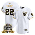 Men's New York Yankees 27 Time Champions Patch Vapor Premier Limited Jersey - All Stitched - White Gold, Juan Soto