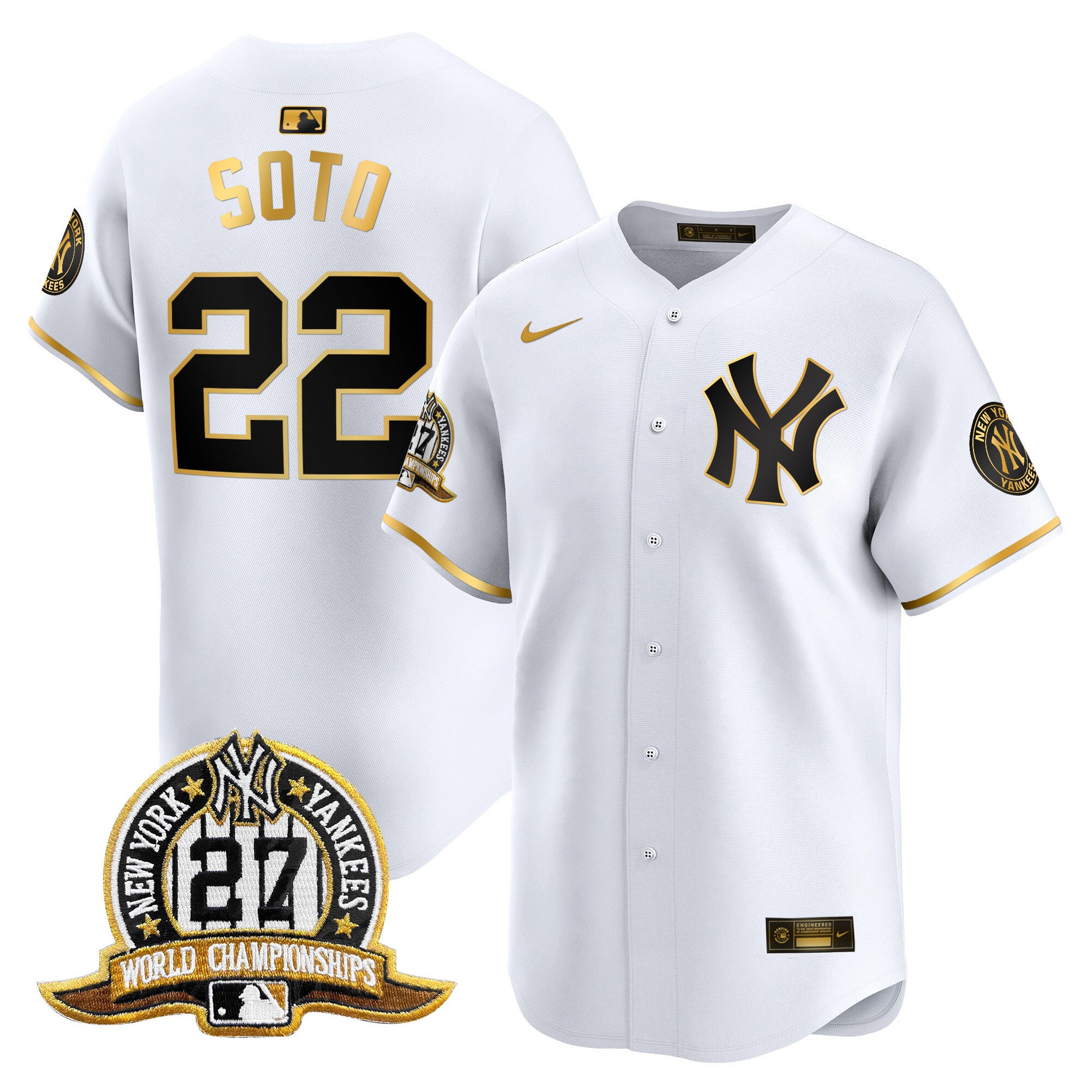 Men's New York Yankees 27 Time Champions Patch Vapor Premier Limited Jersey - All Stitched - White Gold, Juan Soto