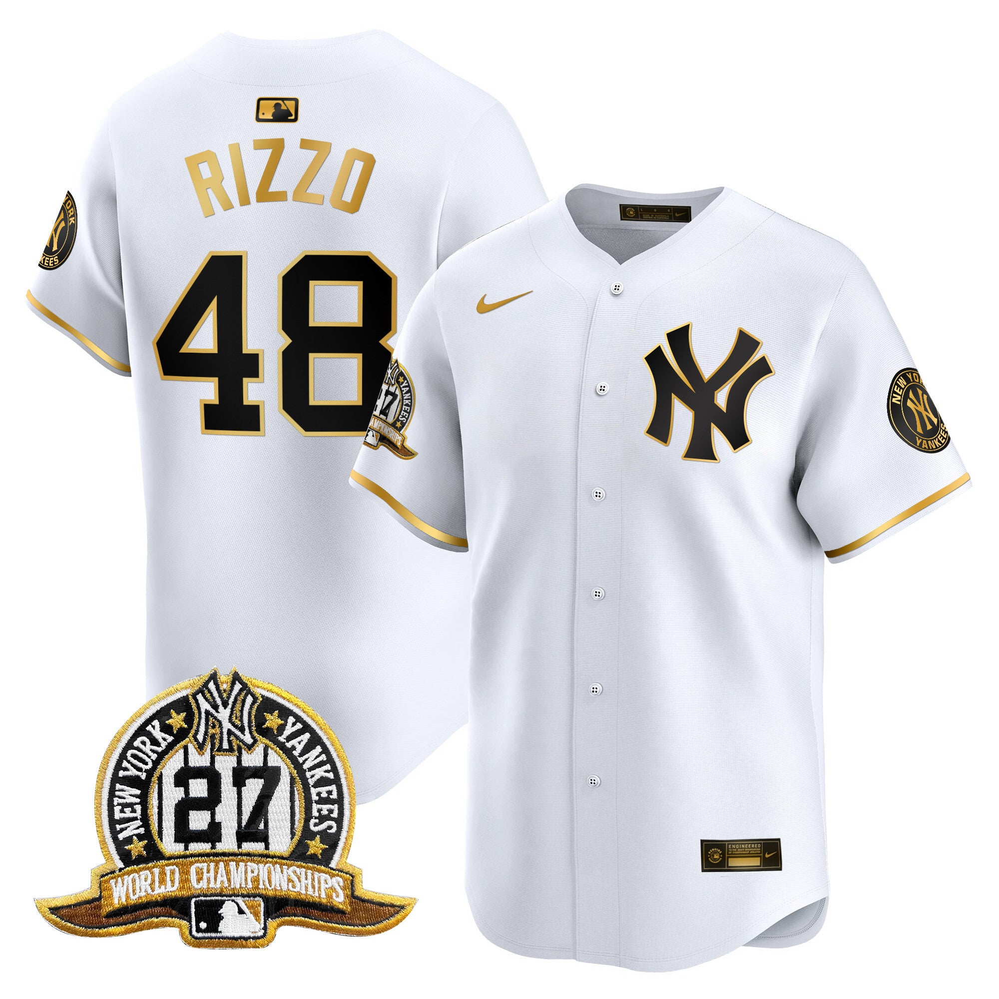 Men's New York Yankees 27 Time Champions Patch Vapor Premier Limited Jersey - All Stitched - White Gold, Anthony Rizzo