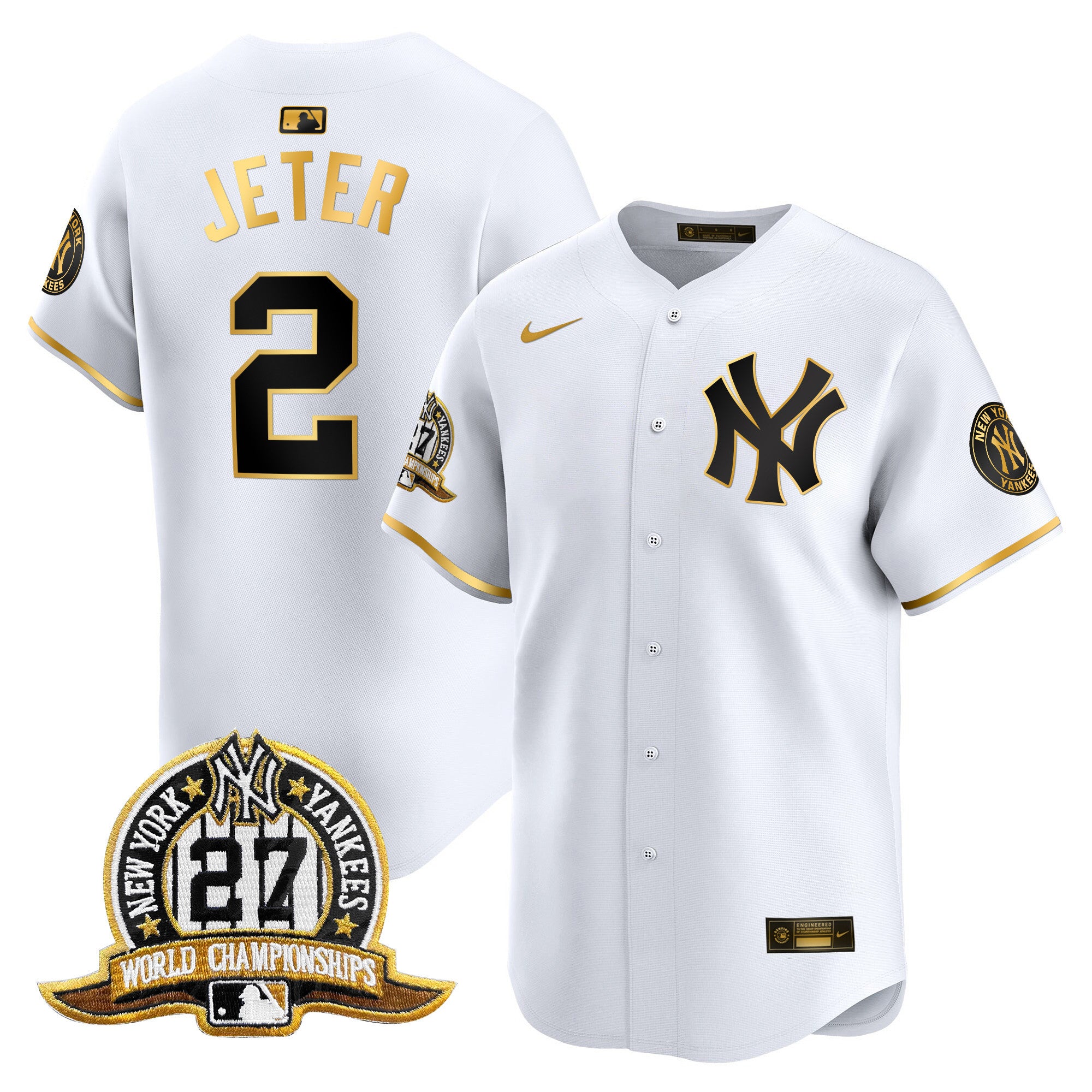 Men's New York Yankees 27 Time Champions Patch Vapor Premier Limited Jersey - All Stitched - White Gold, Derek Jeter
