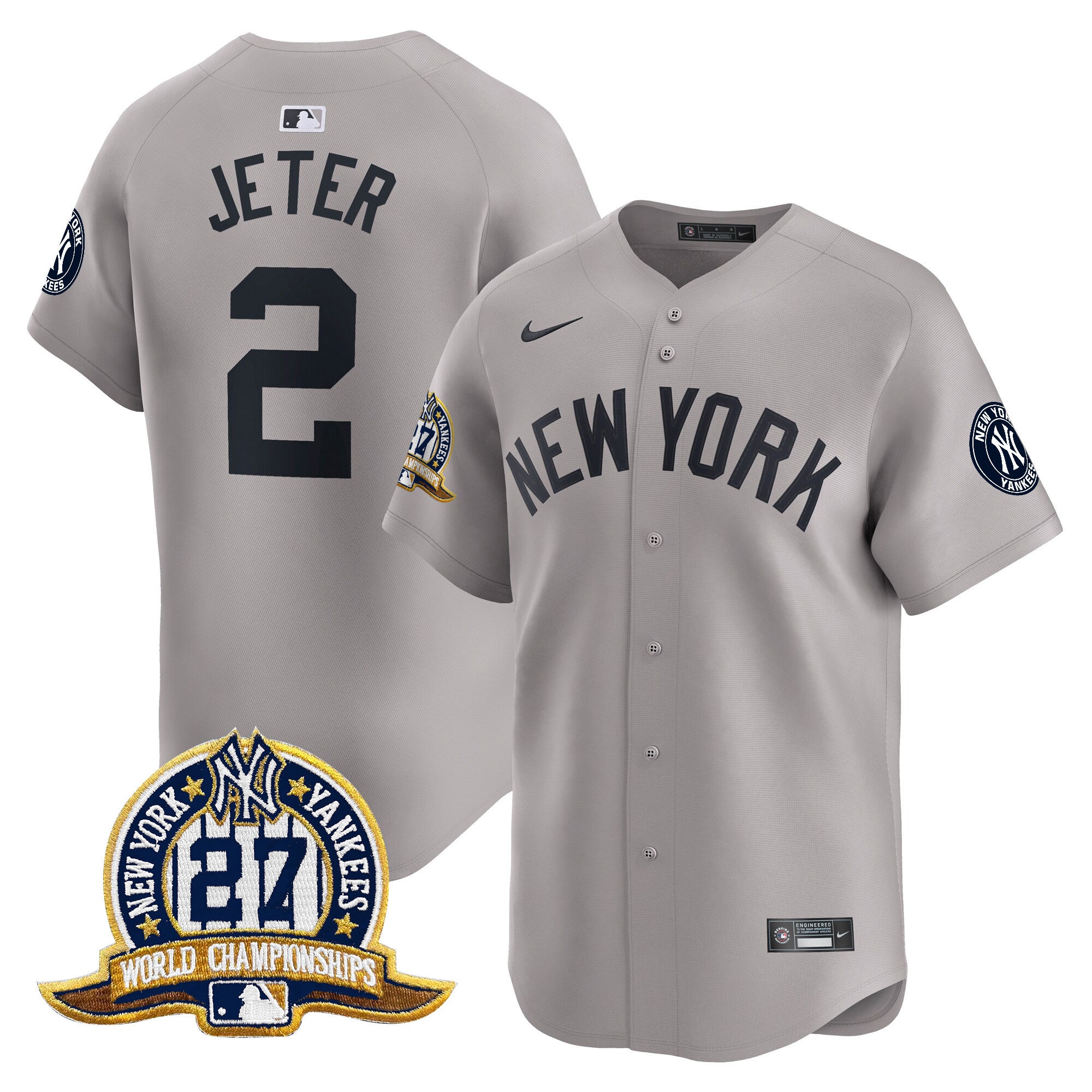 Men's New York Yankees 27 Time Champions Patch Vapor Premier Limited Jersey - All Stitched - Gray, Derek Jeter