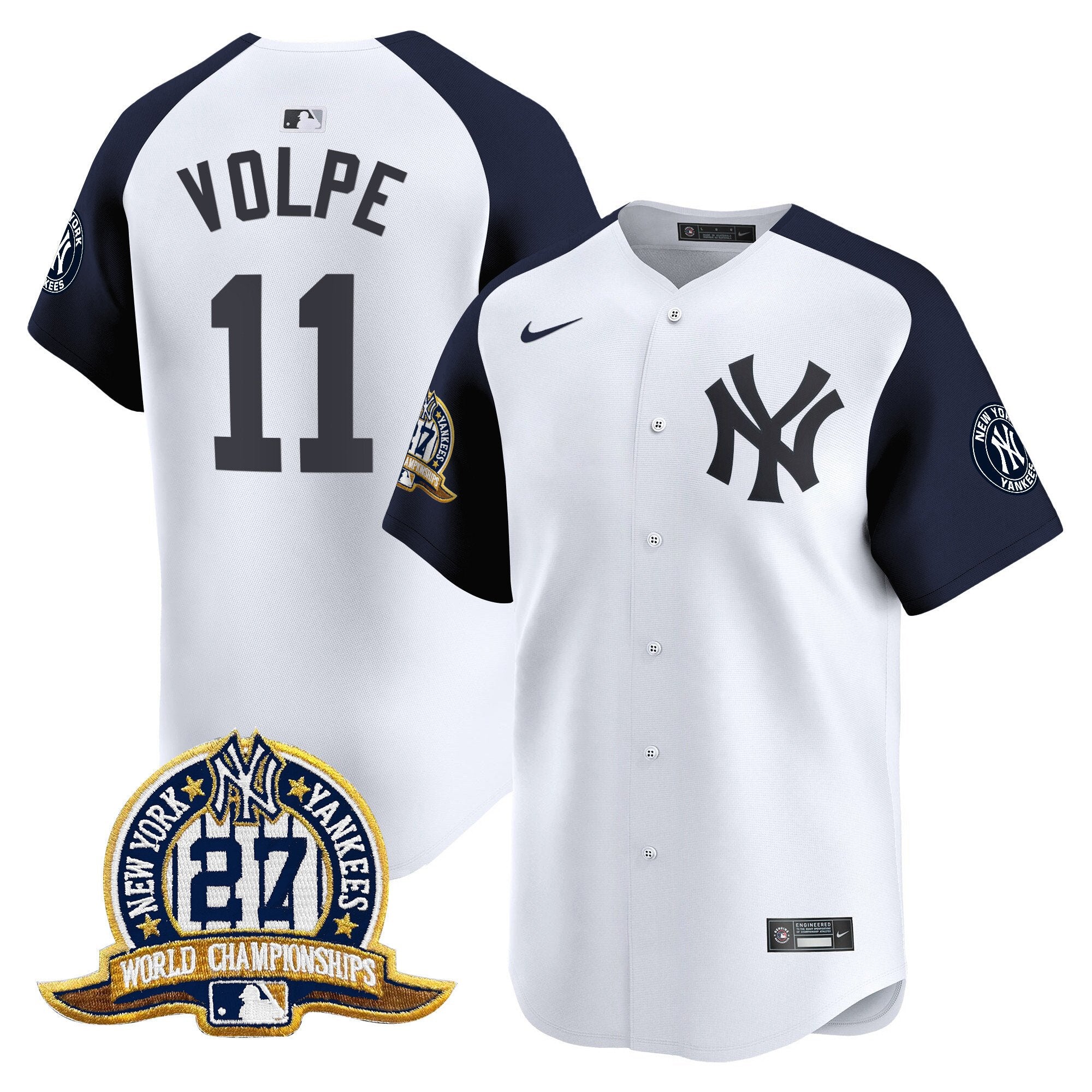 Men's New York Yankees 27 Time Champions Patch Vapor Premier Limited Jersey - All Stitched - White Alternate, Anthony Volpe