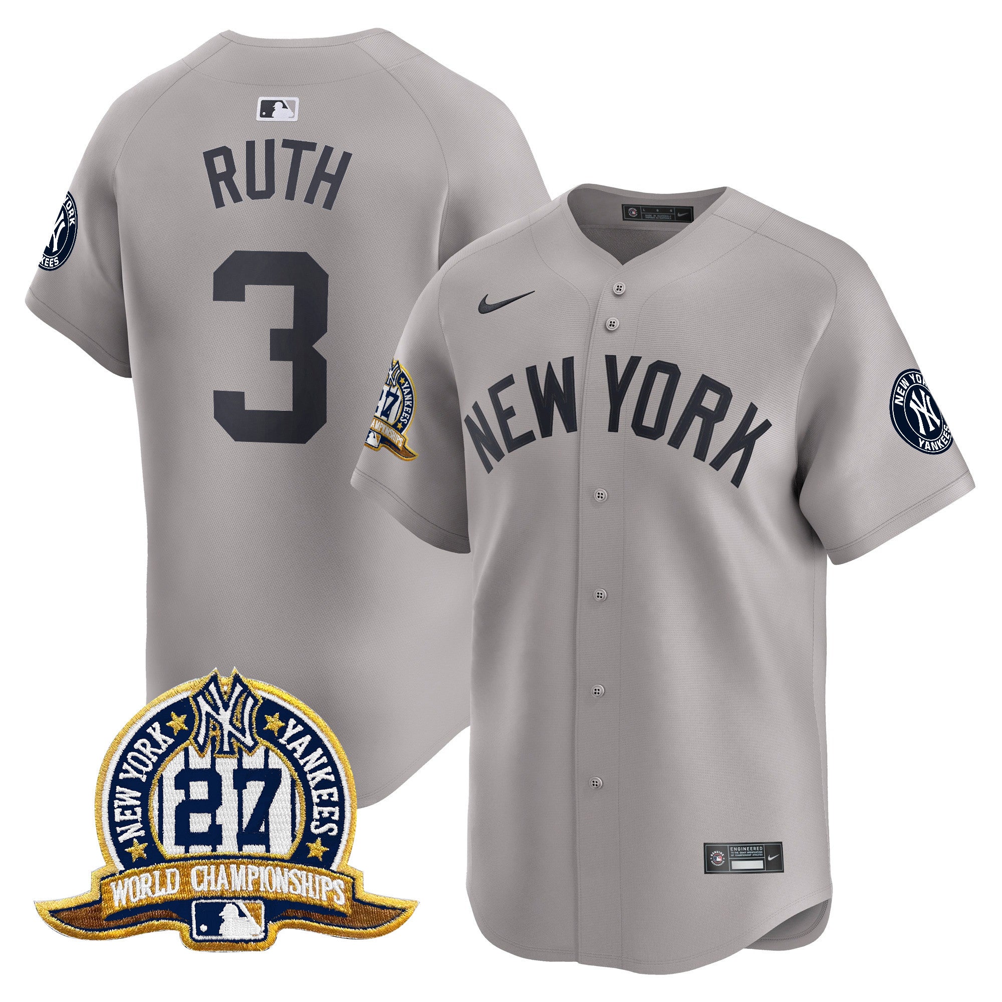 Men's New York Yankees 27 Time Champions Patch Vapor Premier Limited Jersey - All Stitched - Gray, Babe Ruth