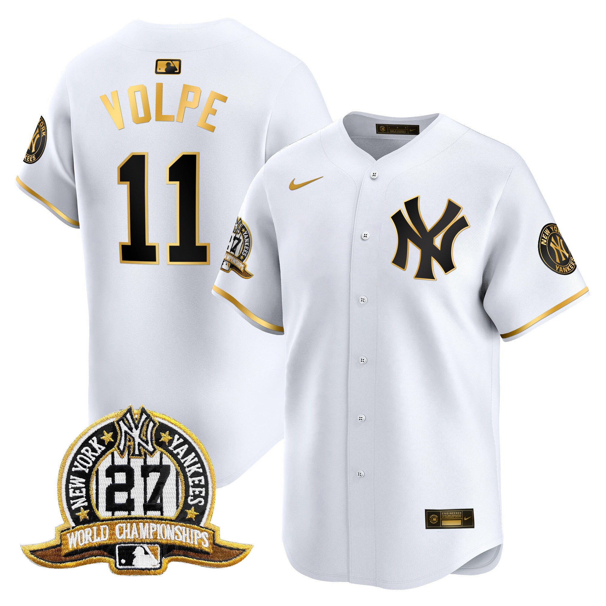 Men's New York Yankees 27 Time Champions Patch Vapor Premier Limited Jersey - All Stitched - White Gold, Anthony Volpe