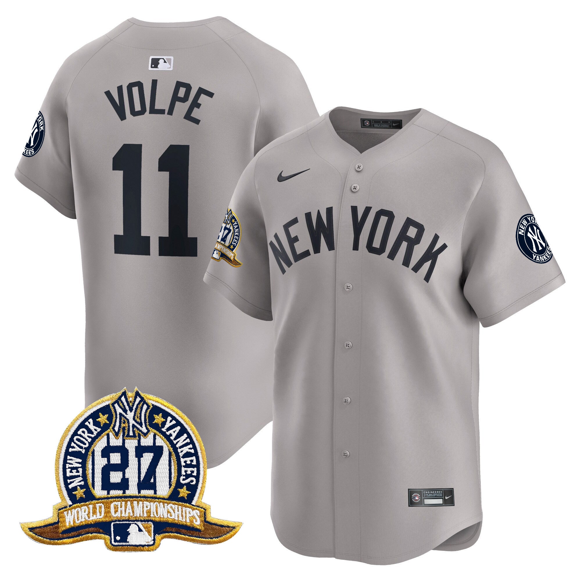Men's New York Yankees 27 Time Champions Patch Vapor Premier Limited Jersey - All Stitched - Gray, Anthony Volpe