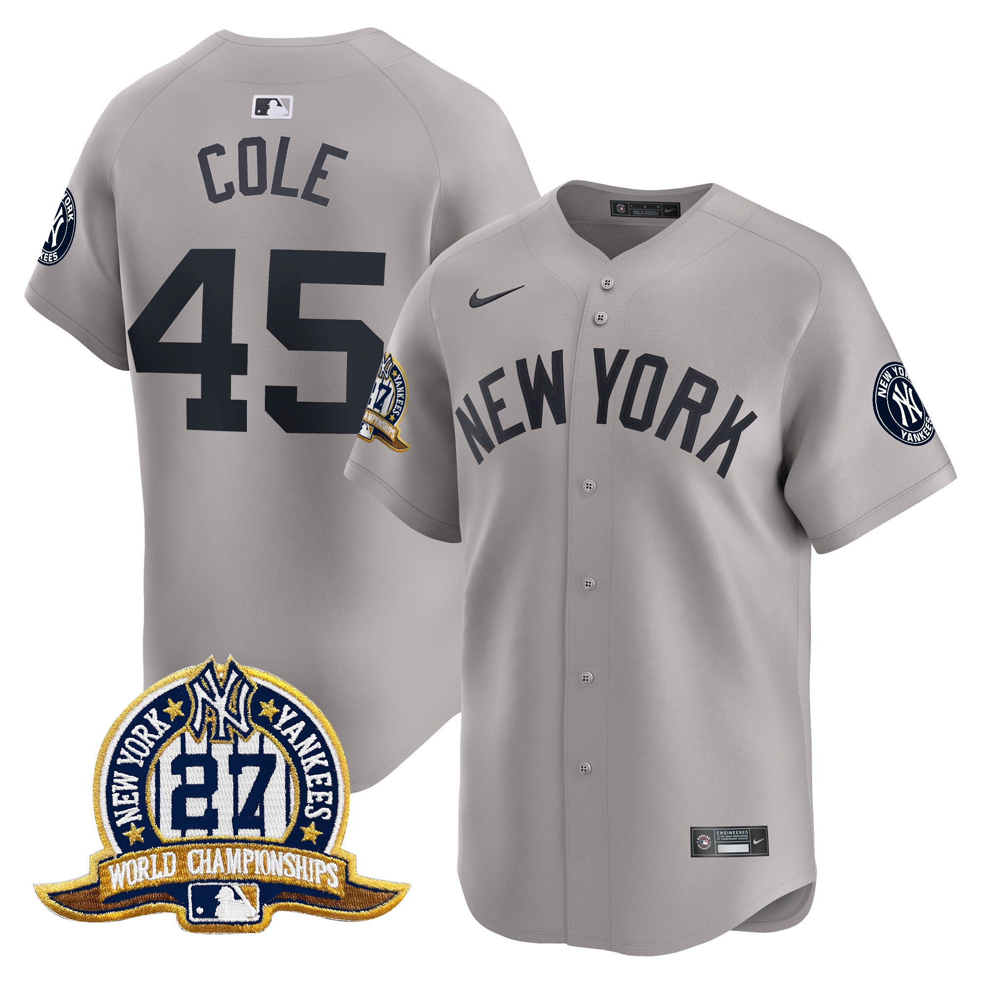 Men's New York Yankees 27 Time Champions Patch Vapor Premier Limited Jersey - All Stitched - Gray, Gerrit Cole