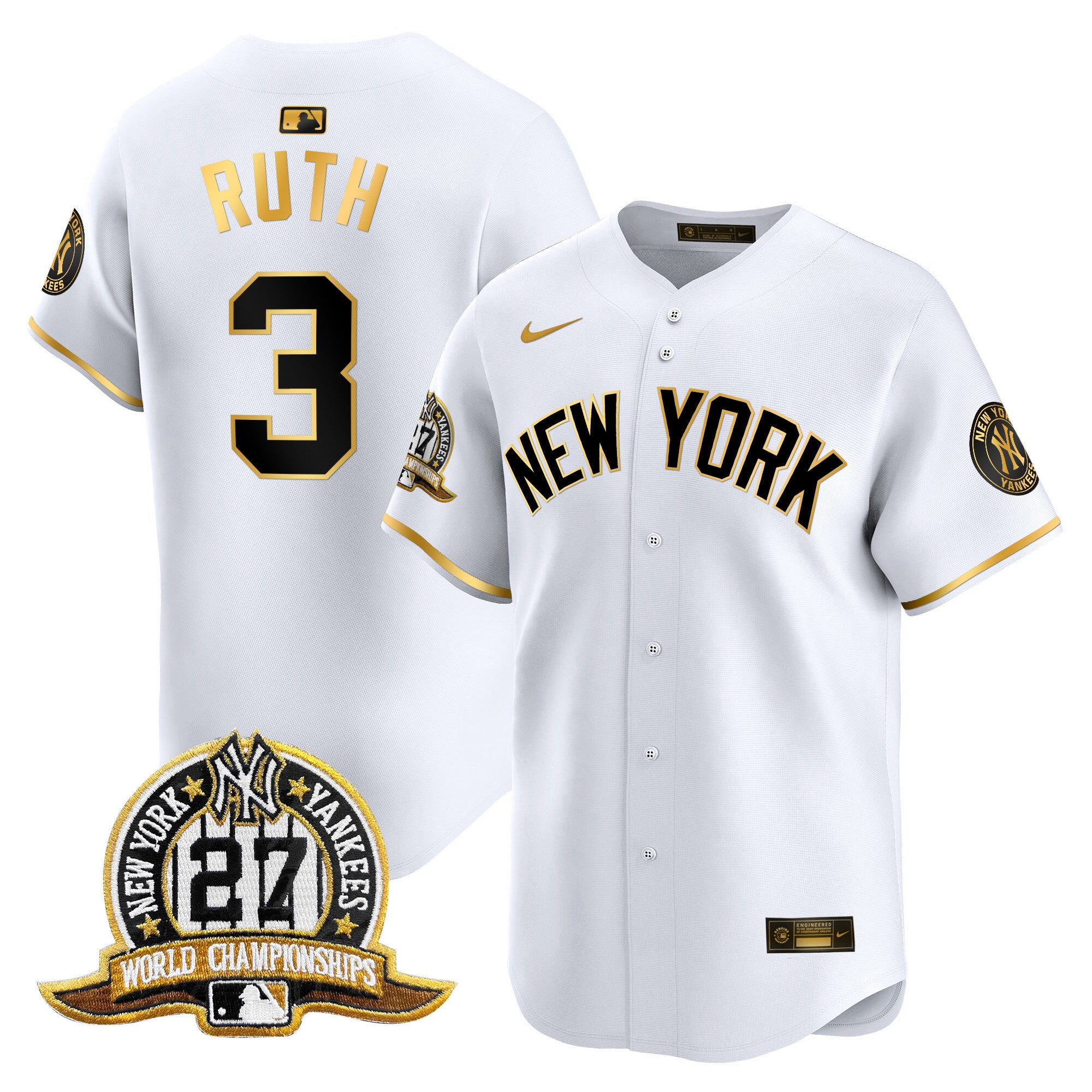 Men's New York Yankees 27 Time Champions Patch Vapor Premier Limited Jersey V2 - All Stitched - White Gold, Babe Ruth