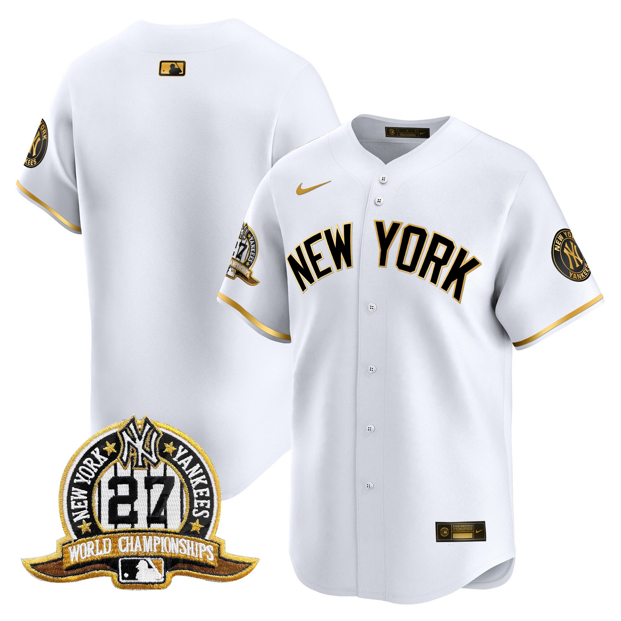 Men's New York Yankees 27 Time Champions Patch Vapor Premier Limited Jersey V2 - All Stitched - White Gold, Team