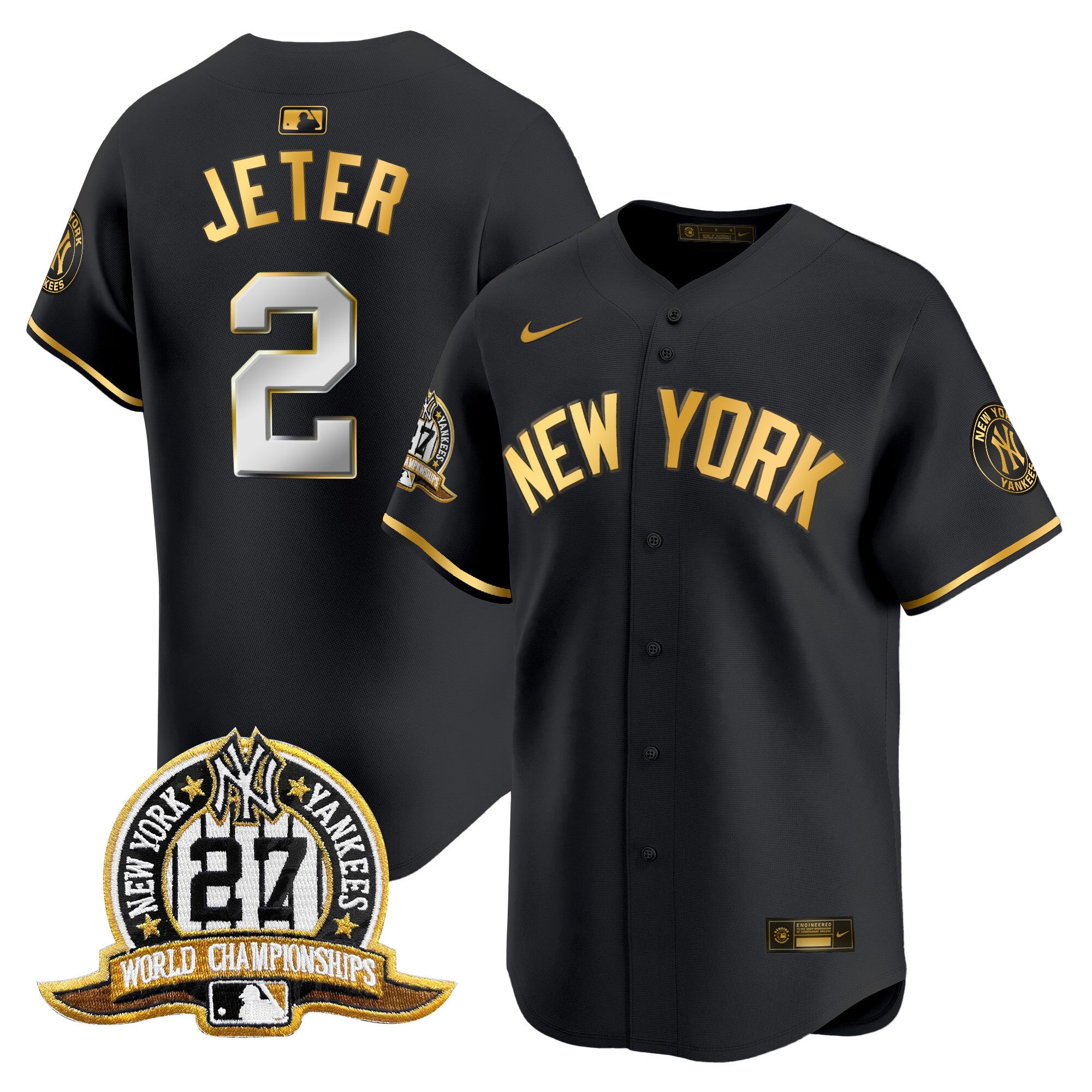 Men's New York Yankees 27 Time Champions Patch Vapor Premier Limited Jersey V2 - All Stitched - Black Gold, Derek Jeter