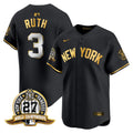 Men's New York Yankees 27 Time Champions Patch Vapor Premier Limited Jersey V2 - All Stitched - Black Gold, Babe Ruth
