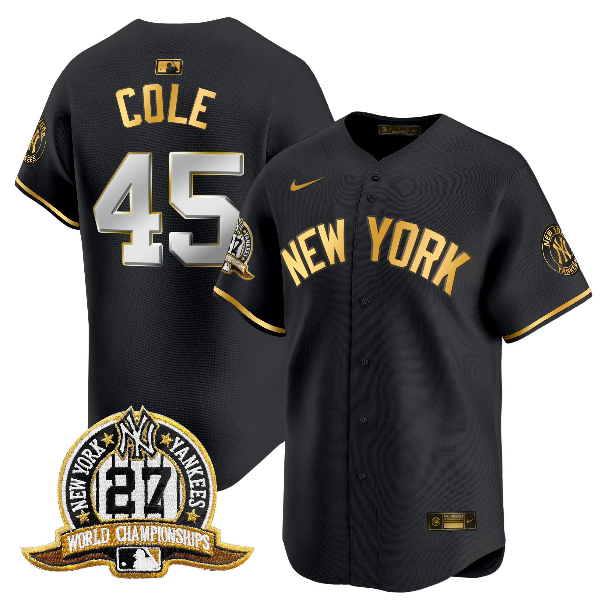 Men's New York Yankees 27 Time Champions Patch Vapor Premier Limited Jersey V2 - All Stitched - Black Gold, Gerrit Cole