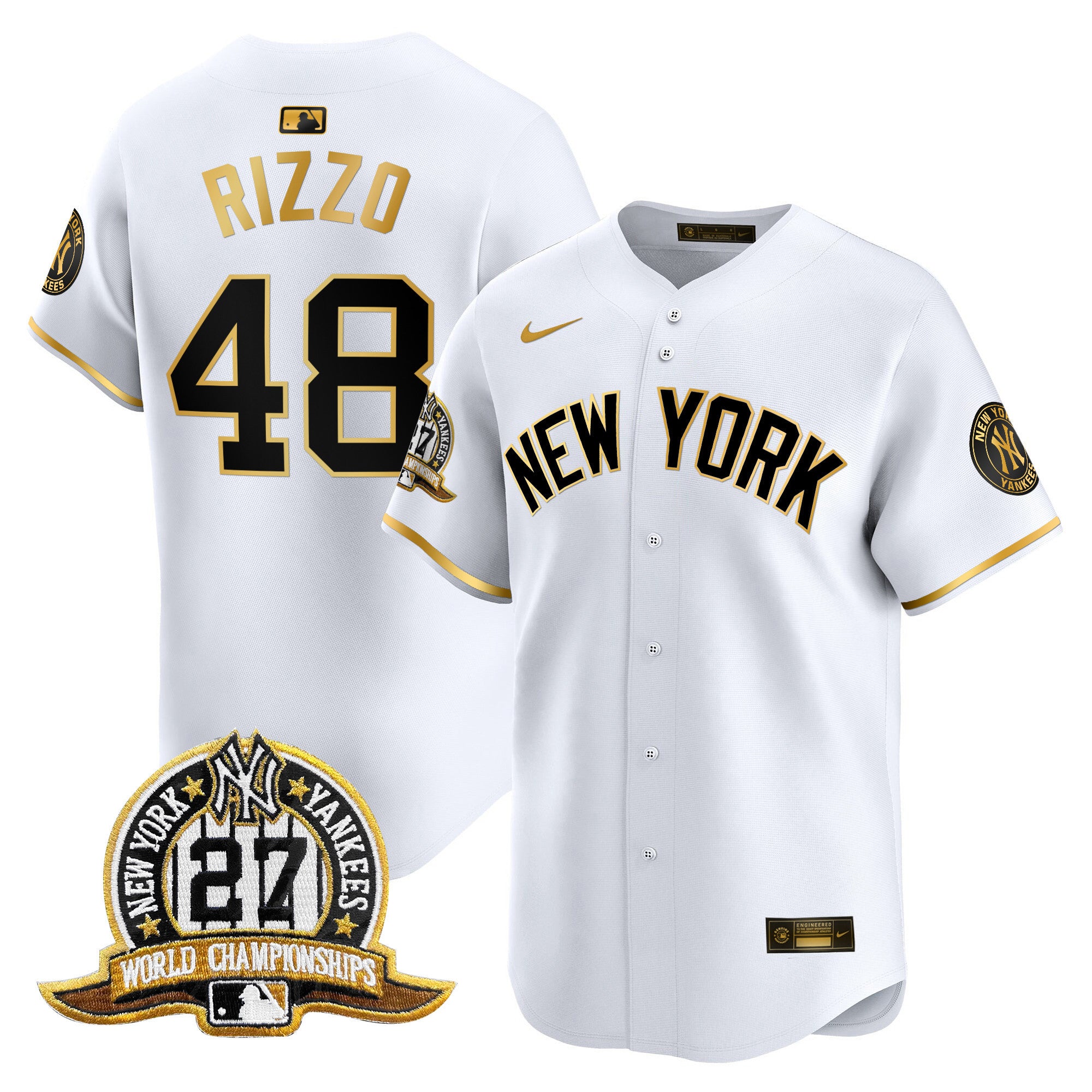 Men's New York Yankees 27 Time Champions Patch Vapor Premier Limited Jersey V2 - All Stitched - White Gold, Anthony Rizzo