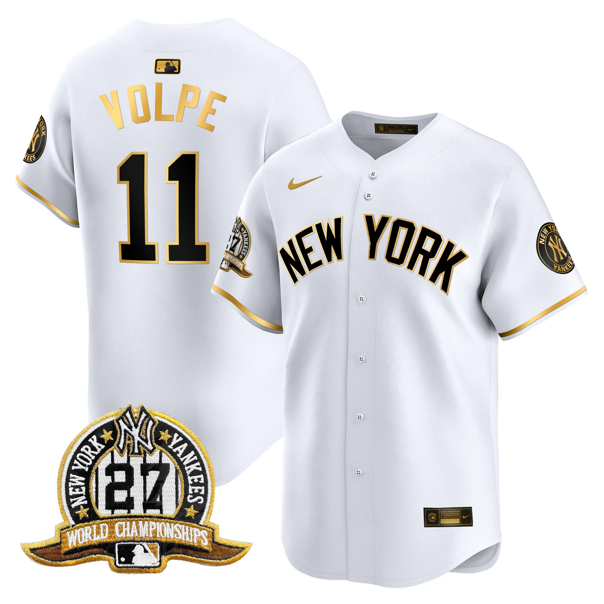 Men's New York Yankees 27 Time Champions Patch Vapor Premier Limited Jersey V2 - All Stitched - White Gold, Anthony Volpe