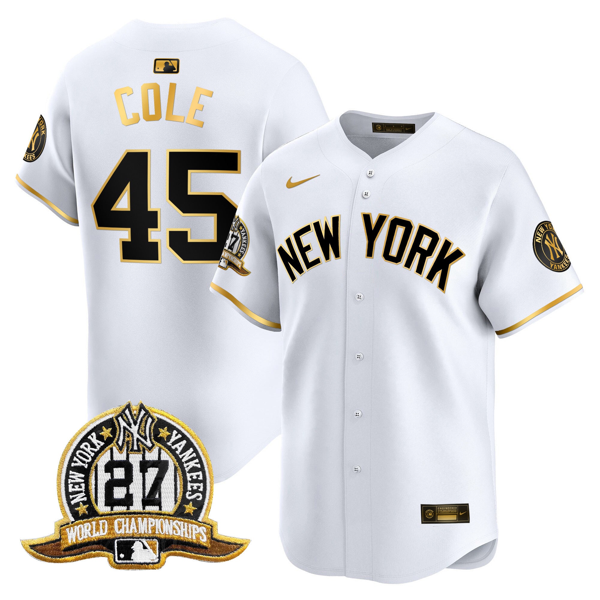 Men's New York Yankees 27 Time Champions Patch Vapor Premier Limited Jersey V2 - All Stitched - White Gold, Gerrit Cole