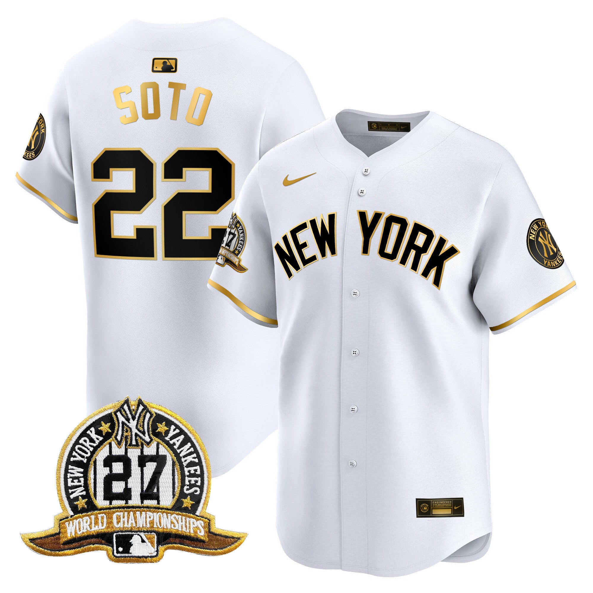 Men's New York Yankees 27 Time Champions Patch Vapor Premier Limited Jersey V2 - All Stitched - White Gold, Juan Soto