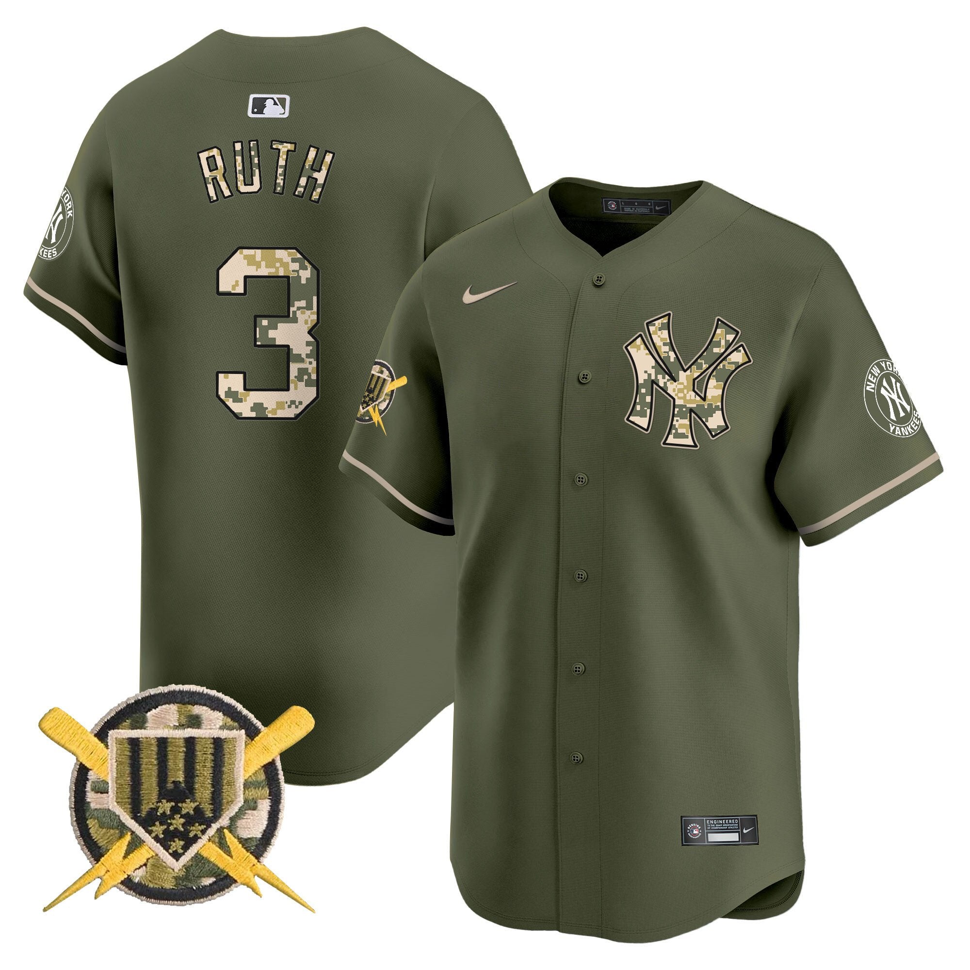 Men's New York Yankees Armed Forces Day Vapor Premier Limited Jersey - All Stitched - Green, Babe Ruth