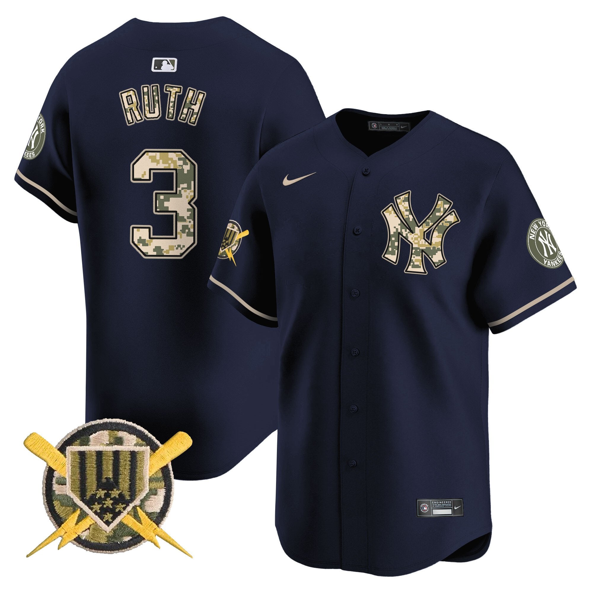 Men's New York Yankees Armed Forces Day Vapor Premier Limited Jersey - All Stitched - Navy, Babe Ruth