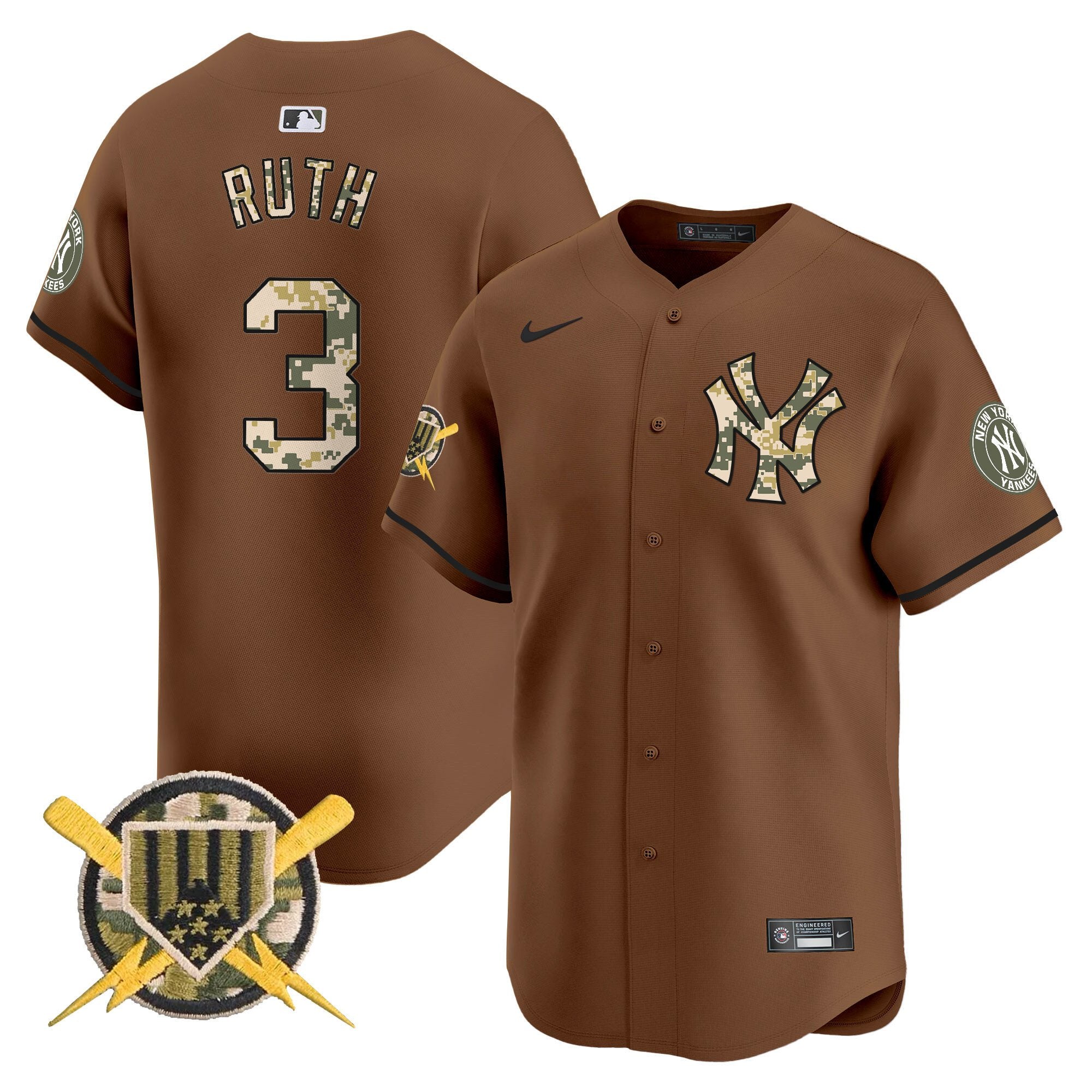 Men's New York Yankees Armed Forces Day Vapor Premier Limited Jersey - All Stitched - Brown, Babe Ruth