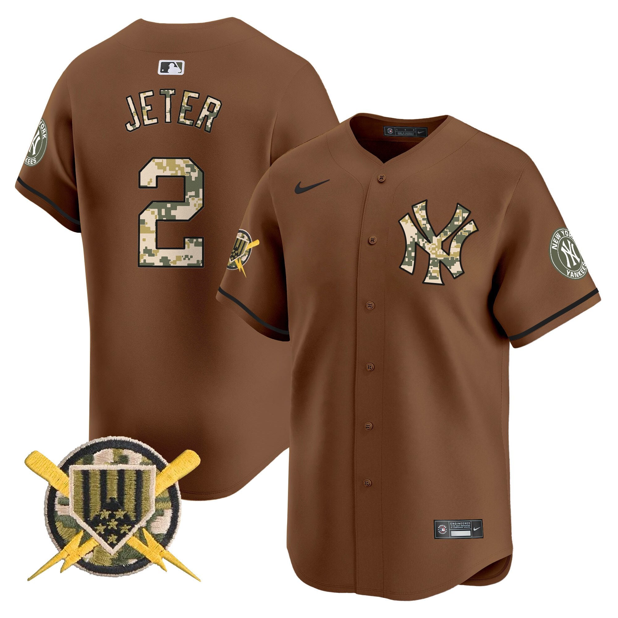 Men's New York Yankees Armed Forces Day Vapor Premier Limited Jersey - All Stitched - Brown, Derek Jeter