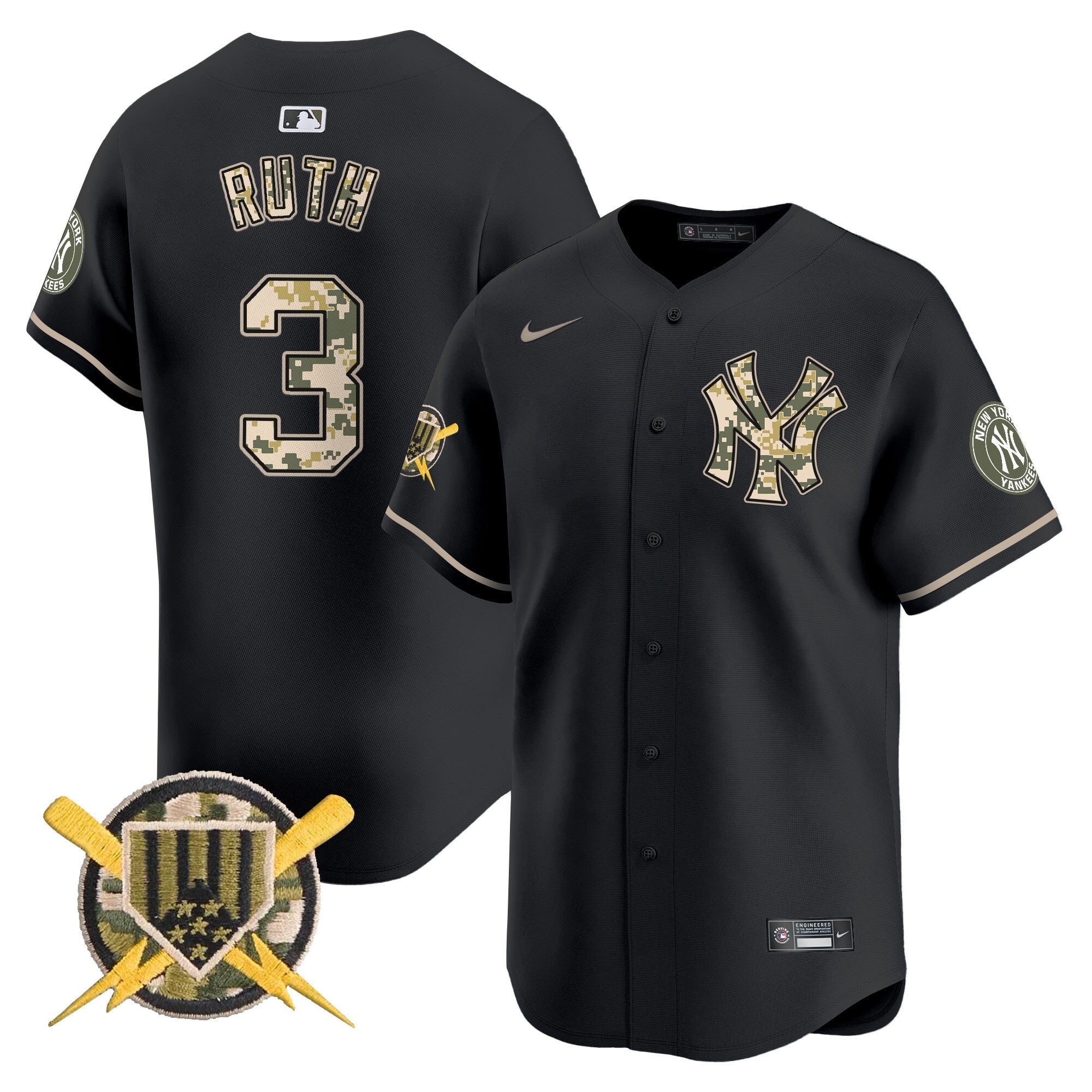 Men's New York Yankees Armed Forces Day Vapor Premier Limited Jersey - All Stitched - Black, Babe Ruth