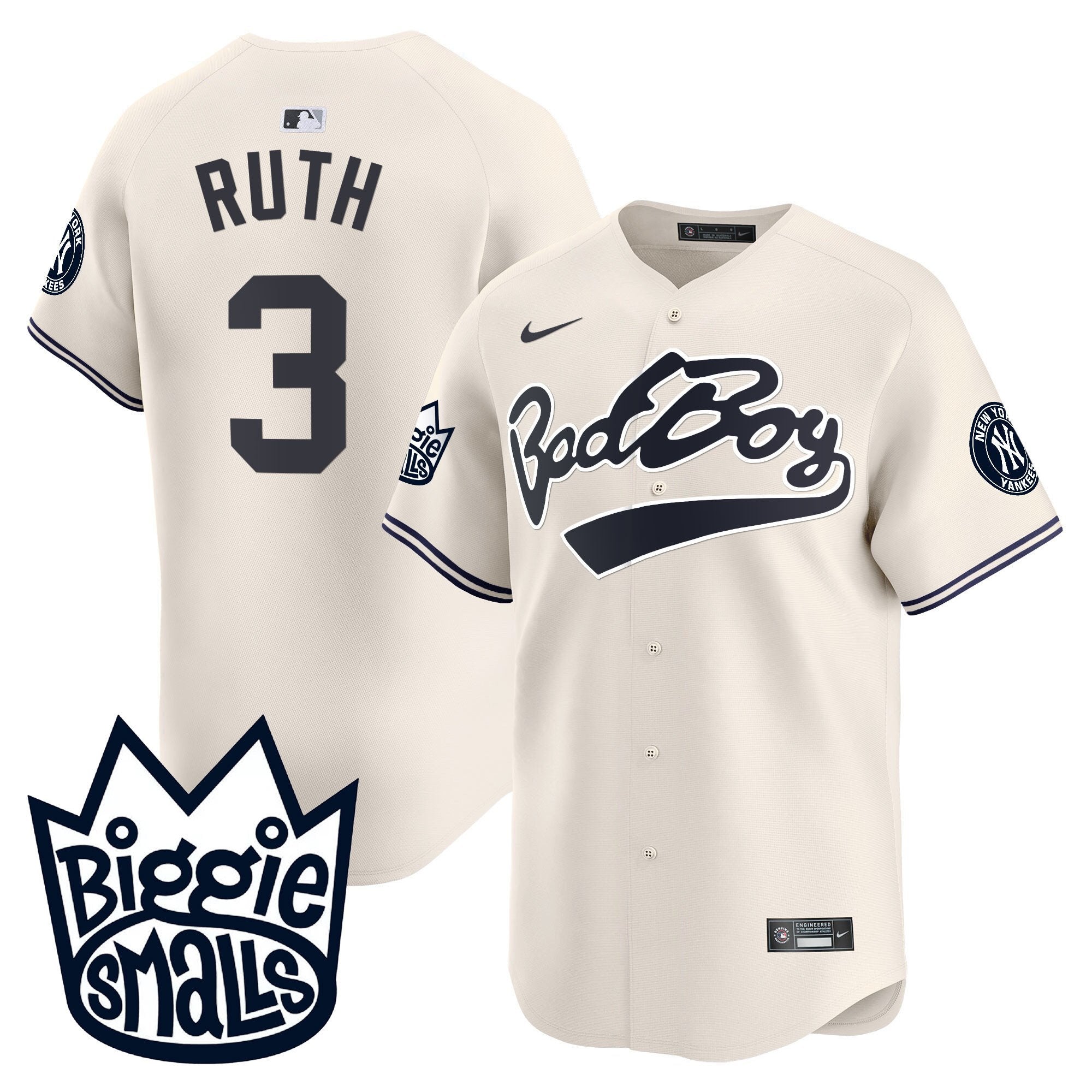 Men's New York Yankees Biggie Smalls Vapor Premier Limited Jersey - All Stitched - Cream, Babe Ruth