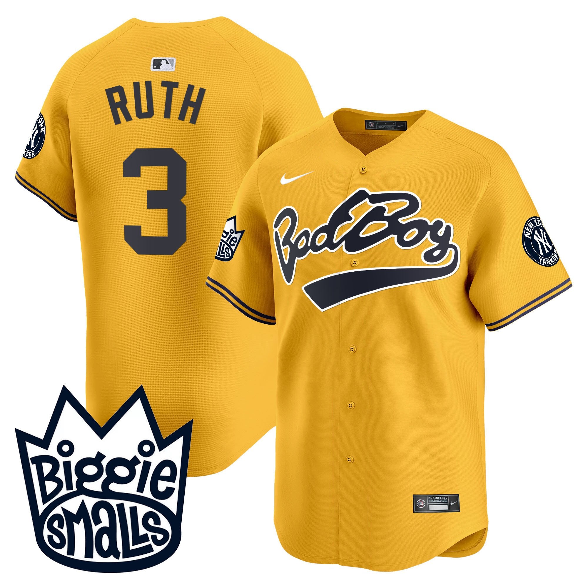 Men's New York Yankees Biggie Smalls Vapor Premier Limited Jersey - All Stitched - Gold, Babe Ruth
