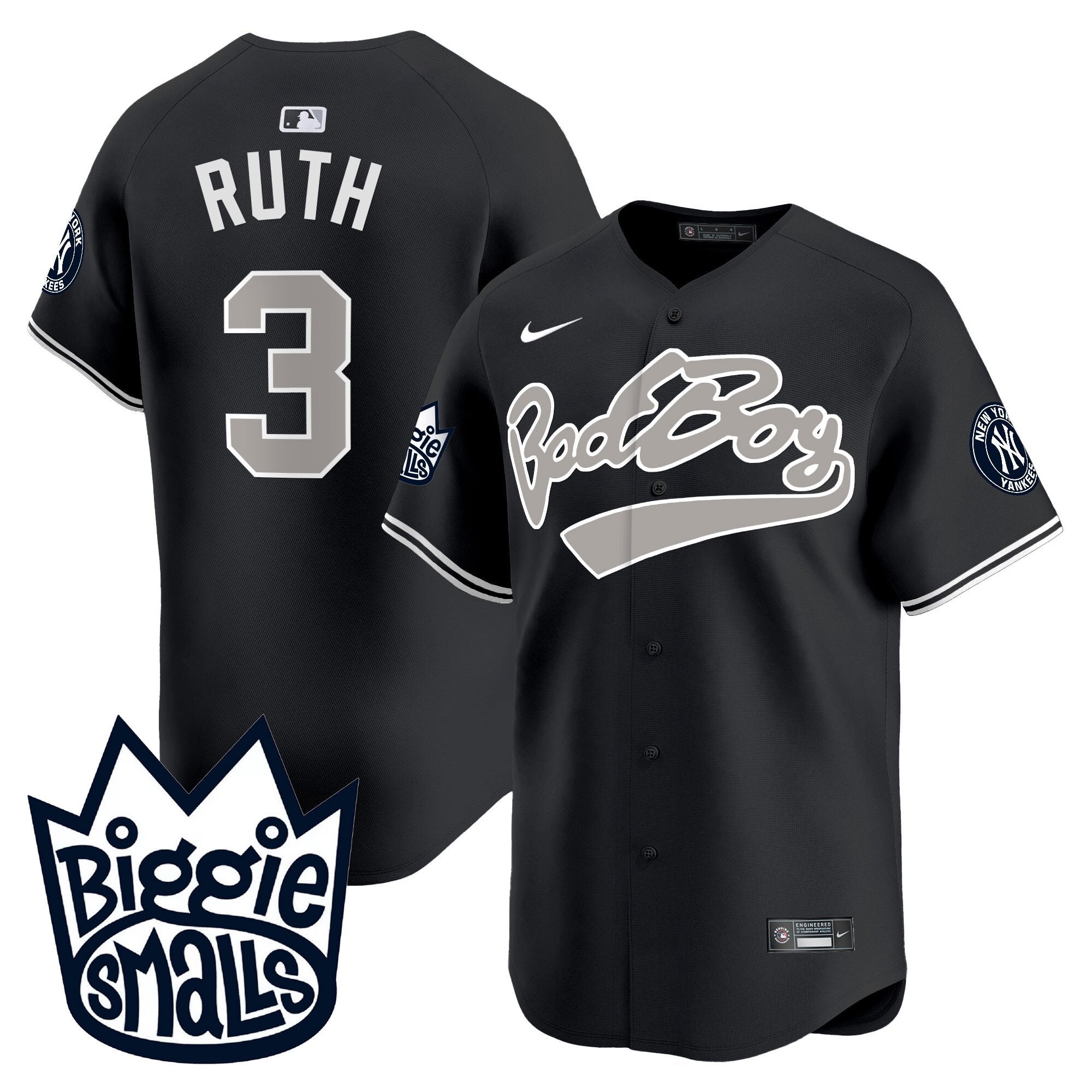 Men's New York Yankees Biggie Smalls Vapor Premier Limited Jersey - All Stitched - Black, Babe Ruth