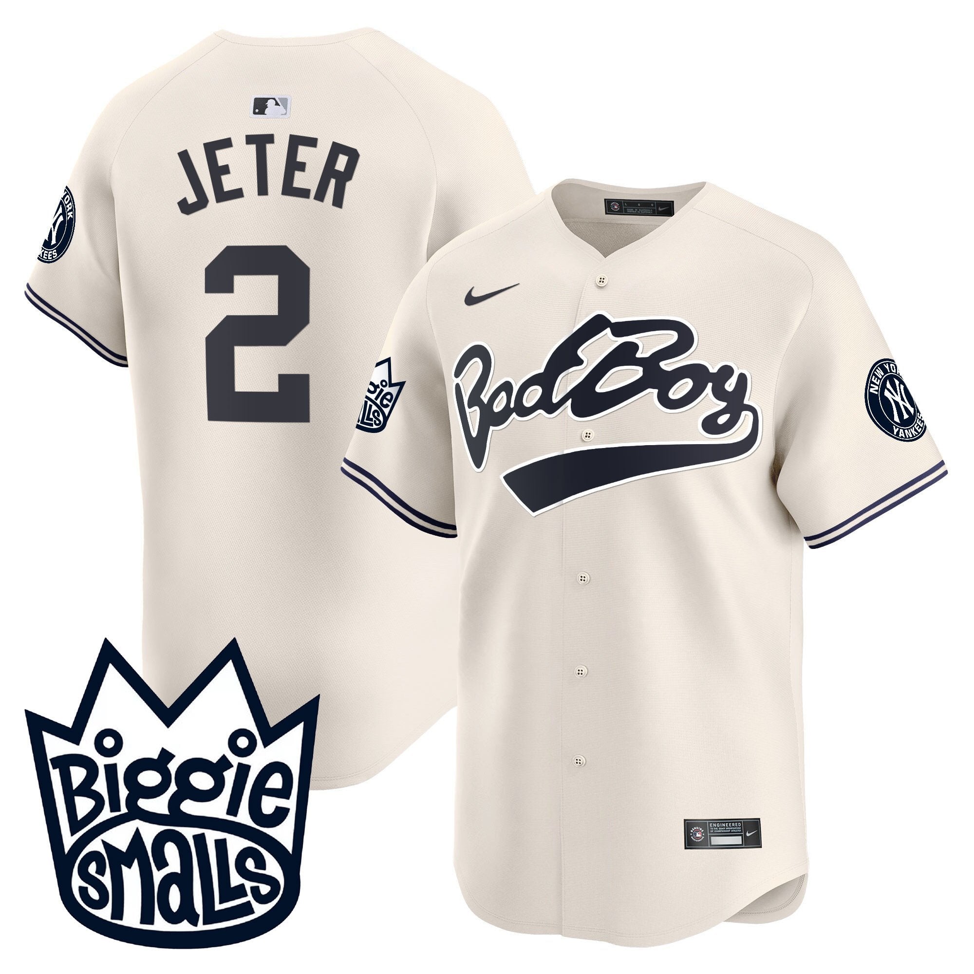 Men's New York Yankees Biggie Smalls Vapor Premier Limited Jersey - All Stitched - Cream, Derek Jeter