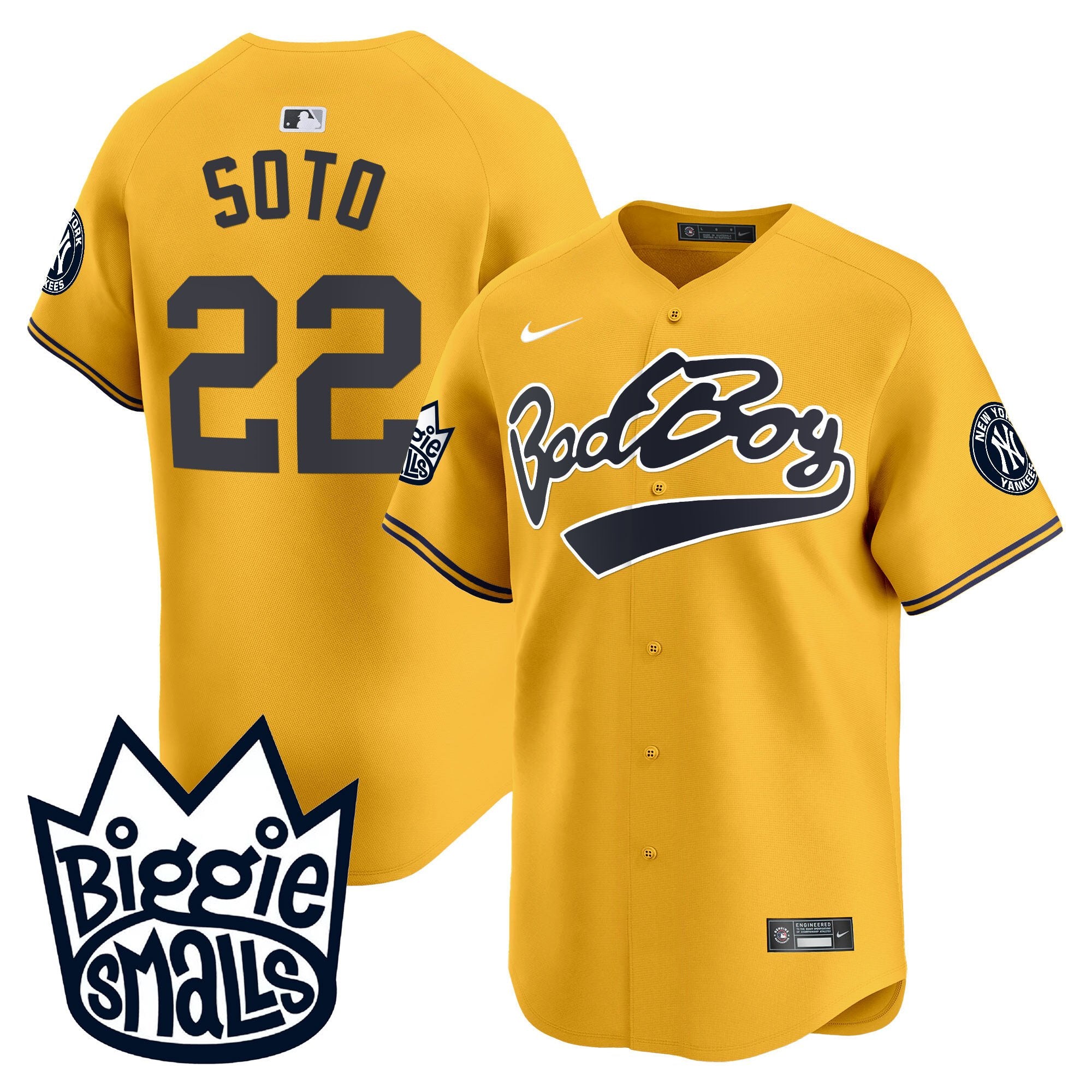Men's New York Yankees Biggie Smalls Vapor Premier Limited Jersey - All Stitched - Gold, Juan Soto