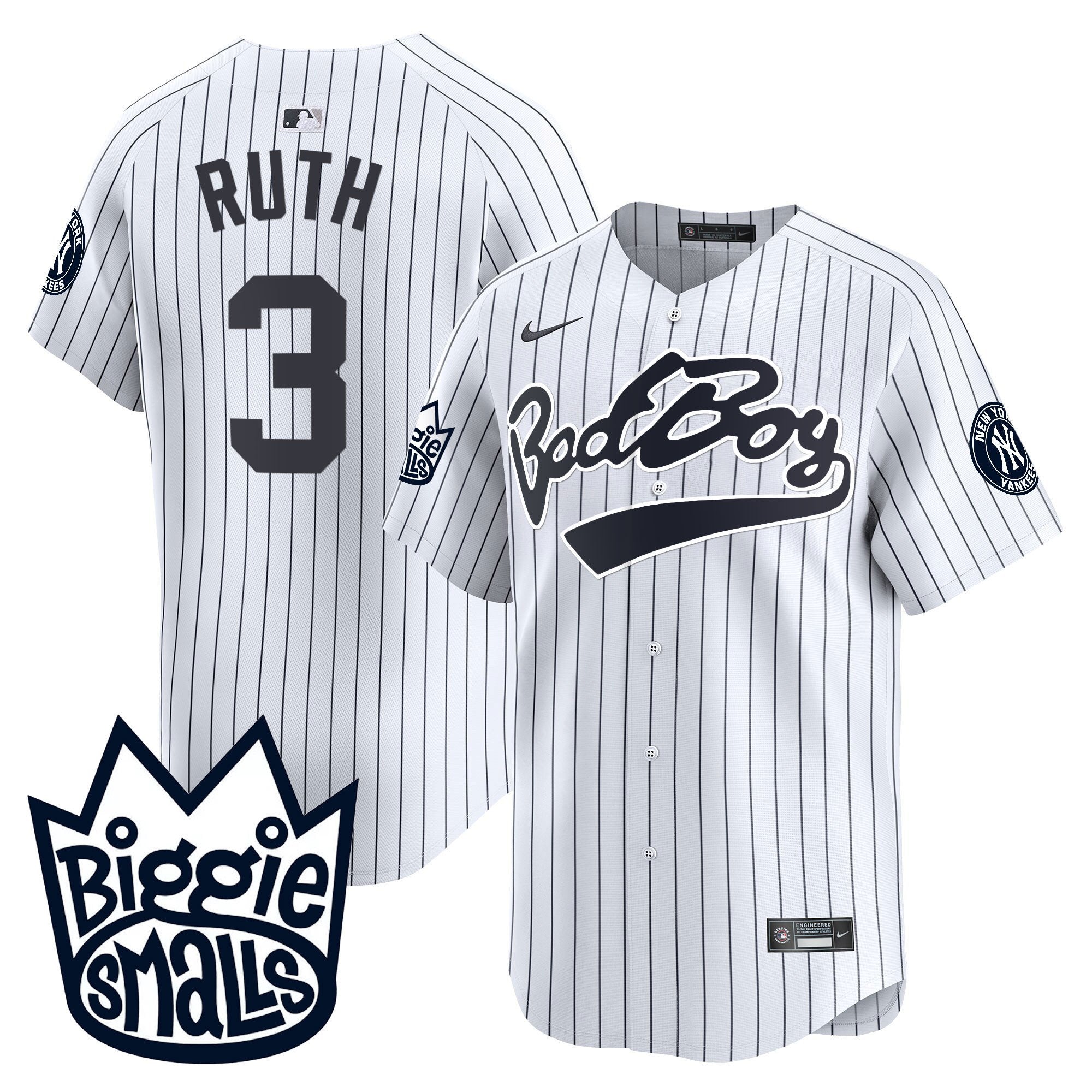 Men's New York Yankees Biggie Smalls Vapor Premier Limited Jersey - All Stitched - White, Babe Ruth