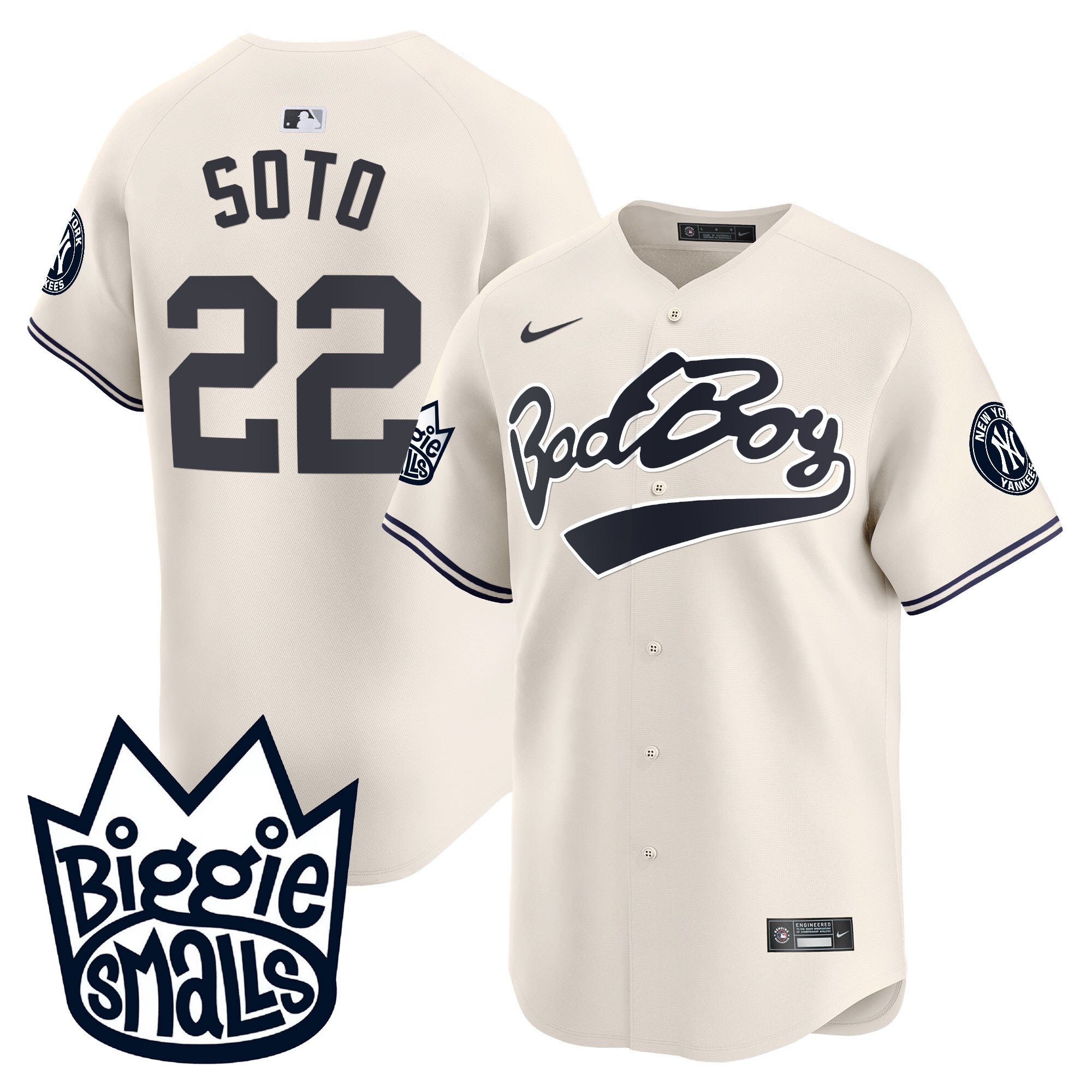 Men's New York Yankees Biggie Smalls Vapor Premier Limited Jersey - All Stitched - Cream, Juan Soto