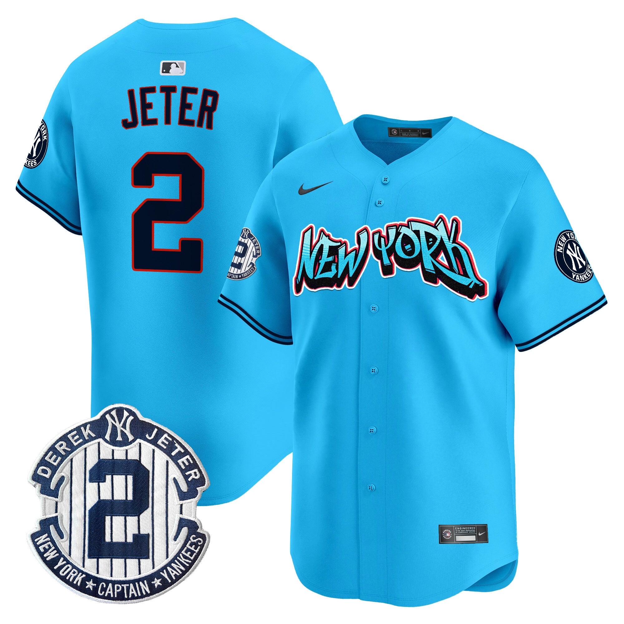 Men's New York Yankees Graffiti Vapor Premier Limited Jersey - All Stitched - Light Blue, Derek Jeter