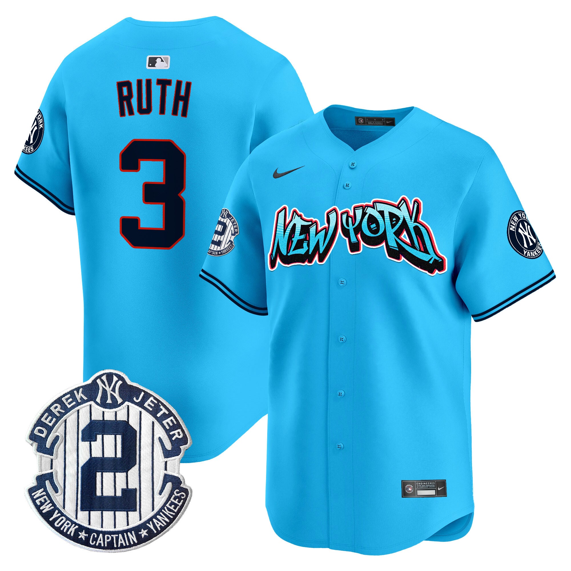 Men's New York Yankees Graffiti Vapor Premier Limited Jersey - All Stitched - Light Blue, Babe Ruth
